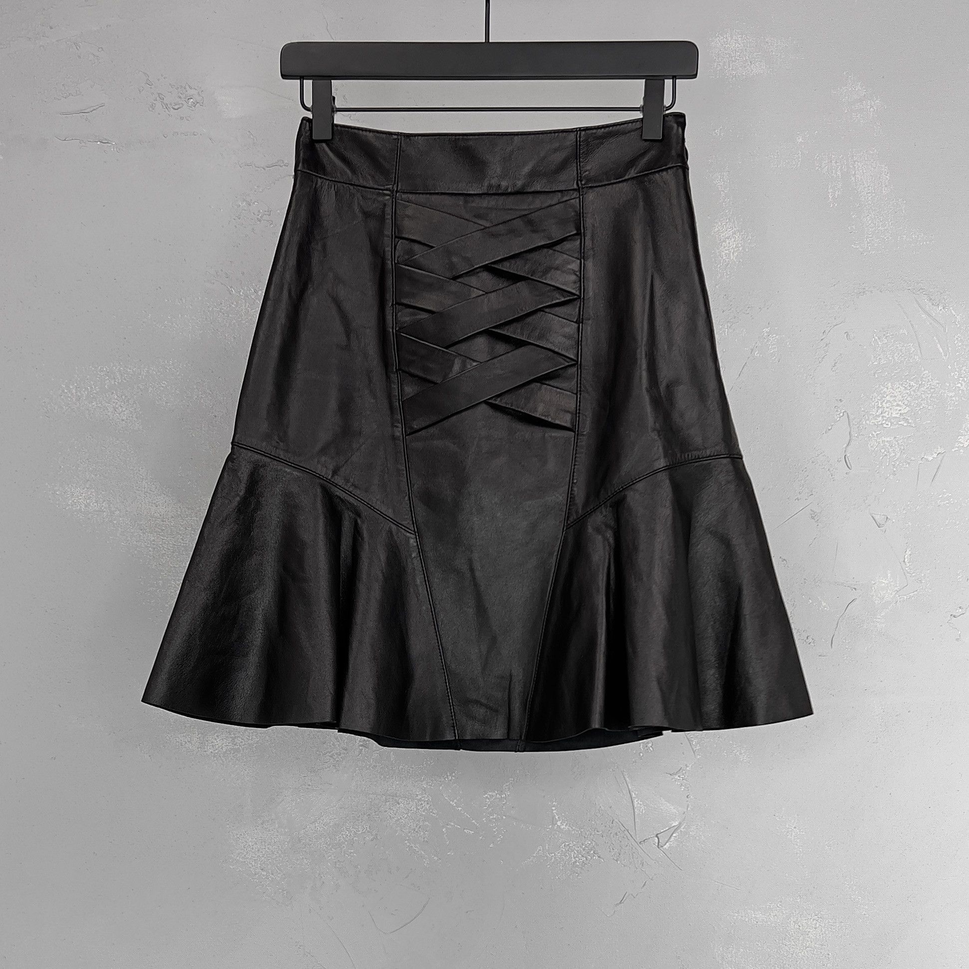 image of Derek Lam 10 Crosby Lace-Up Peplum Lamb Leather Skirt in Black, Women's (Size 24)
