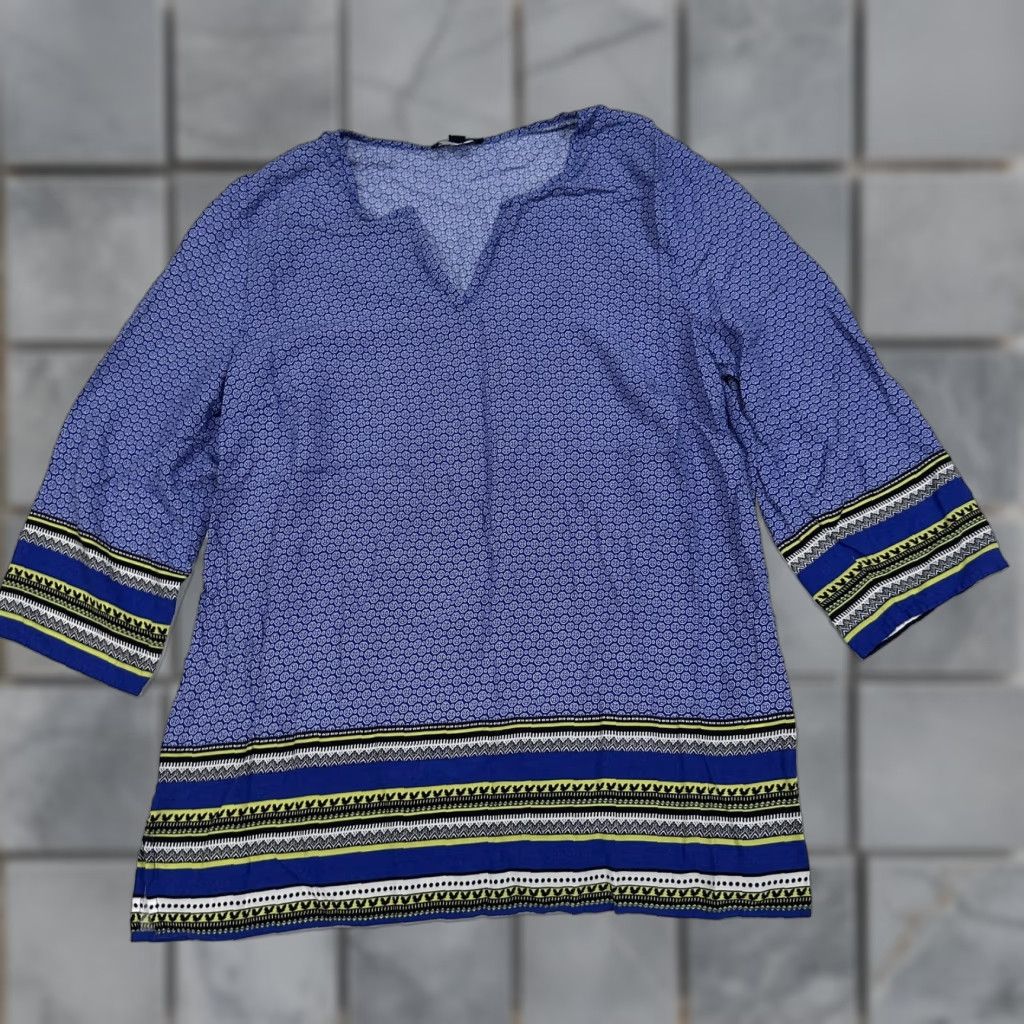 Willi Smith Willi Smith Blouse Womens L Blue Tunic 3/4 Sleeve V Neck Boho Hippie Prairie Geometric Lightweight Relaxed Vintage No Size L / US 10 / IT 46 - 1 Thumbnail