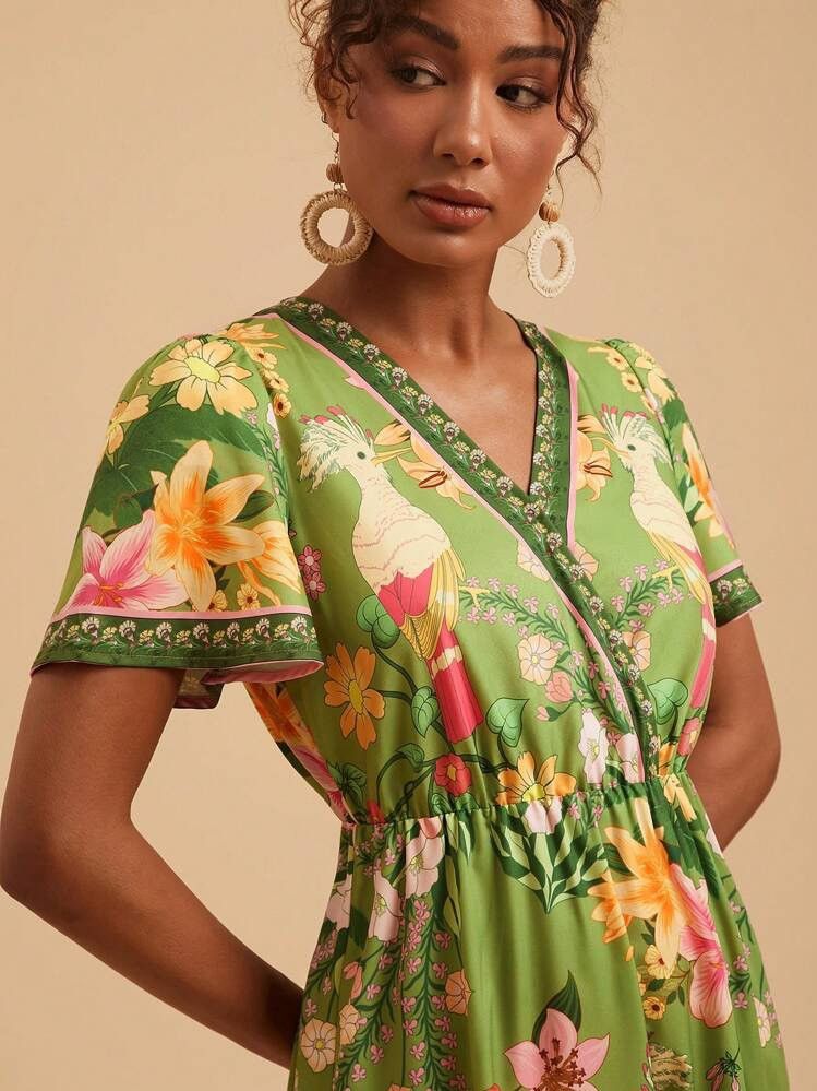 Shein Shein Travachic Floral Print V-Neck Short Sleeve Midi Dress Size M / US 6-8 / IT 42-44 - 4 Thumbnail
