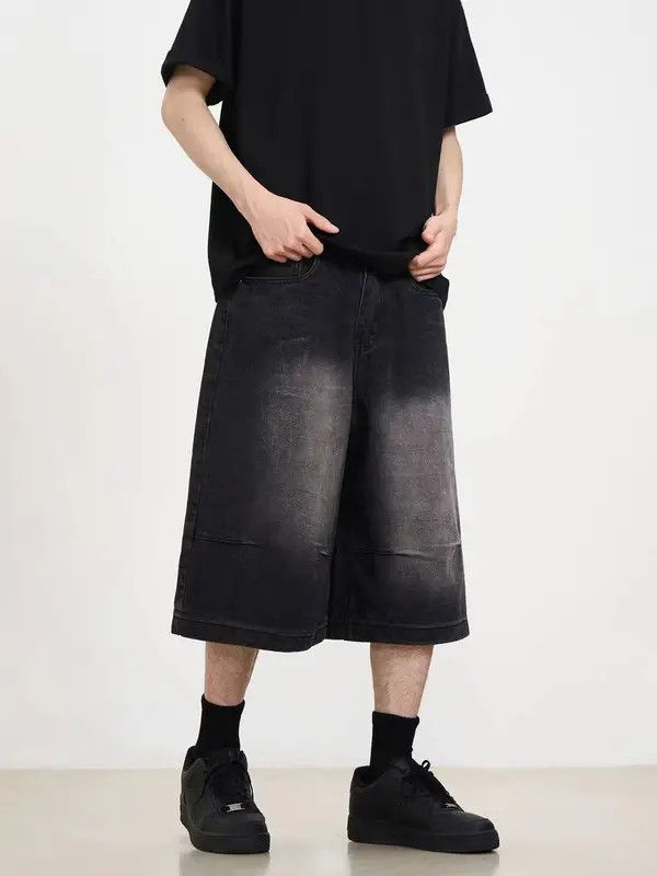 Japanese Brand VIBE Washed distressed black baggy denim shorts Size US 31 - 4 Thumbnail
