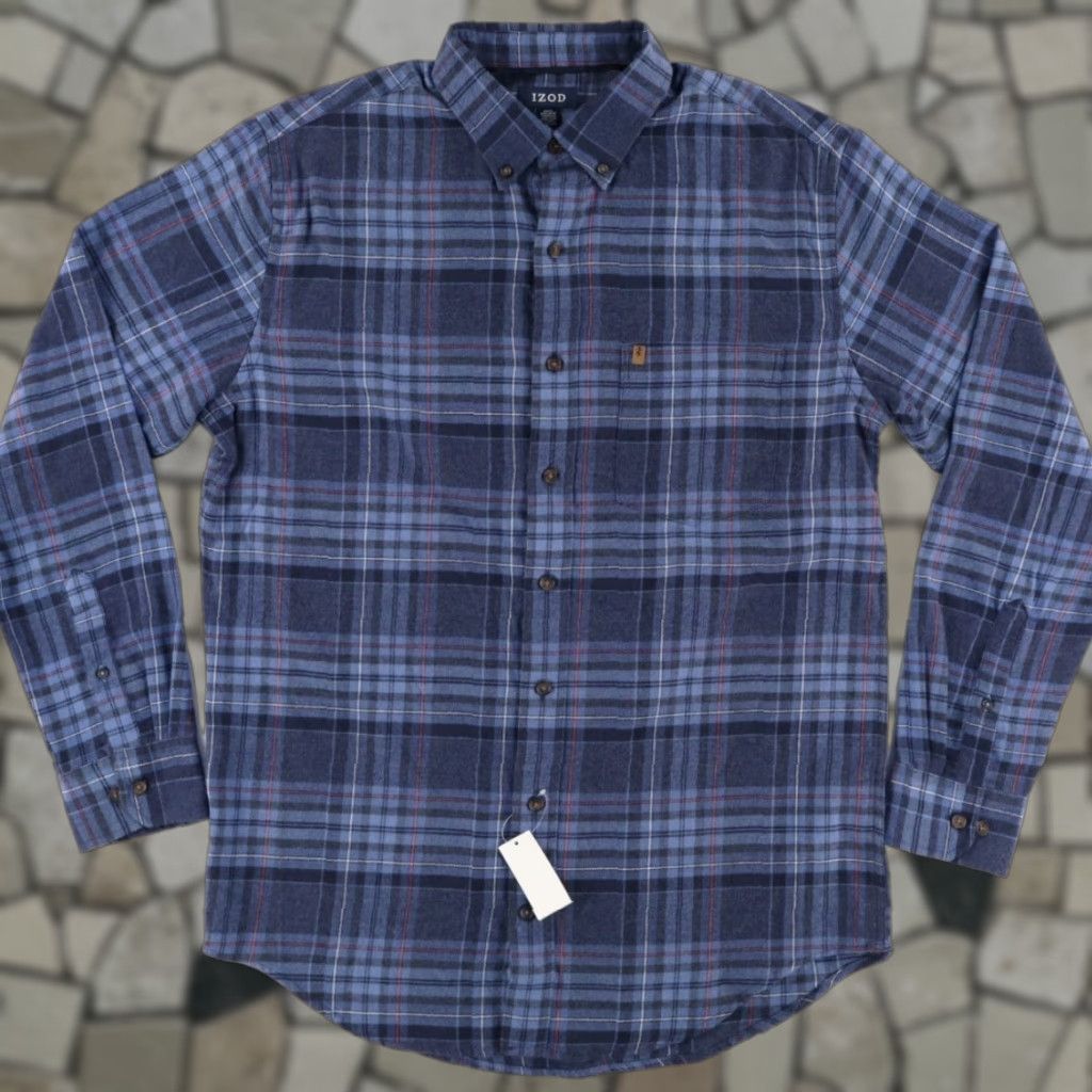 Izod Izod Stratton Flannel Cotton Blend Plaid Long Sleeve Button Down Shirt Blue Men's LT Size US L / EU 52-54 / 3 - 1 Thumbnail
