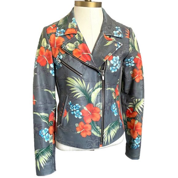 VEDA Veda Gray Tropical Print Leather Biker Jacket - Small Size S / US 4 / IT 40 - 2 Thumbnail