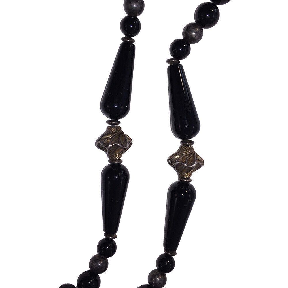 Handmade Carved Black Onyx & Sterling Opera Length Bead Necklace Size ONE SIZE - 3 Thumbnail