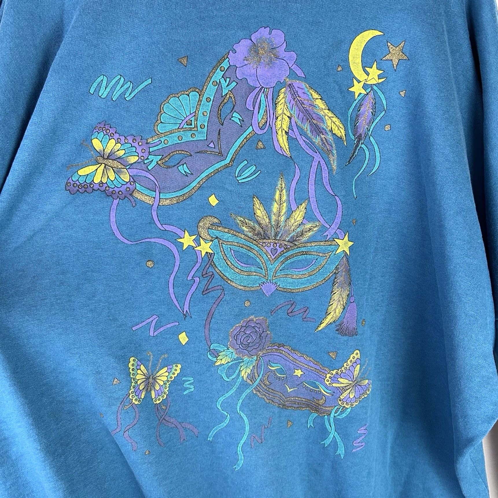 Vintage VINTAGE PFI Sweater Womens 3XL Teal Crewneck Sweatshirt 90s Y2K Mardi Gras Mask USA Size XXL / US 16-18 / IT 52-54 - 2 Thumbnail