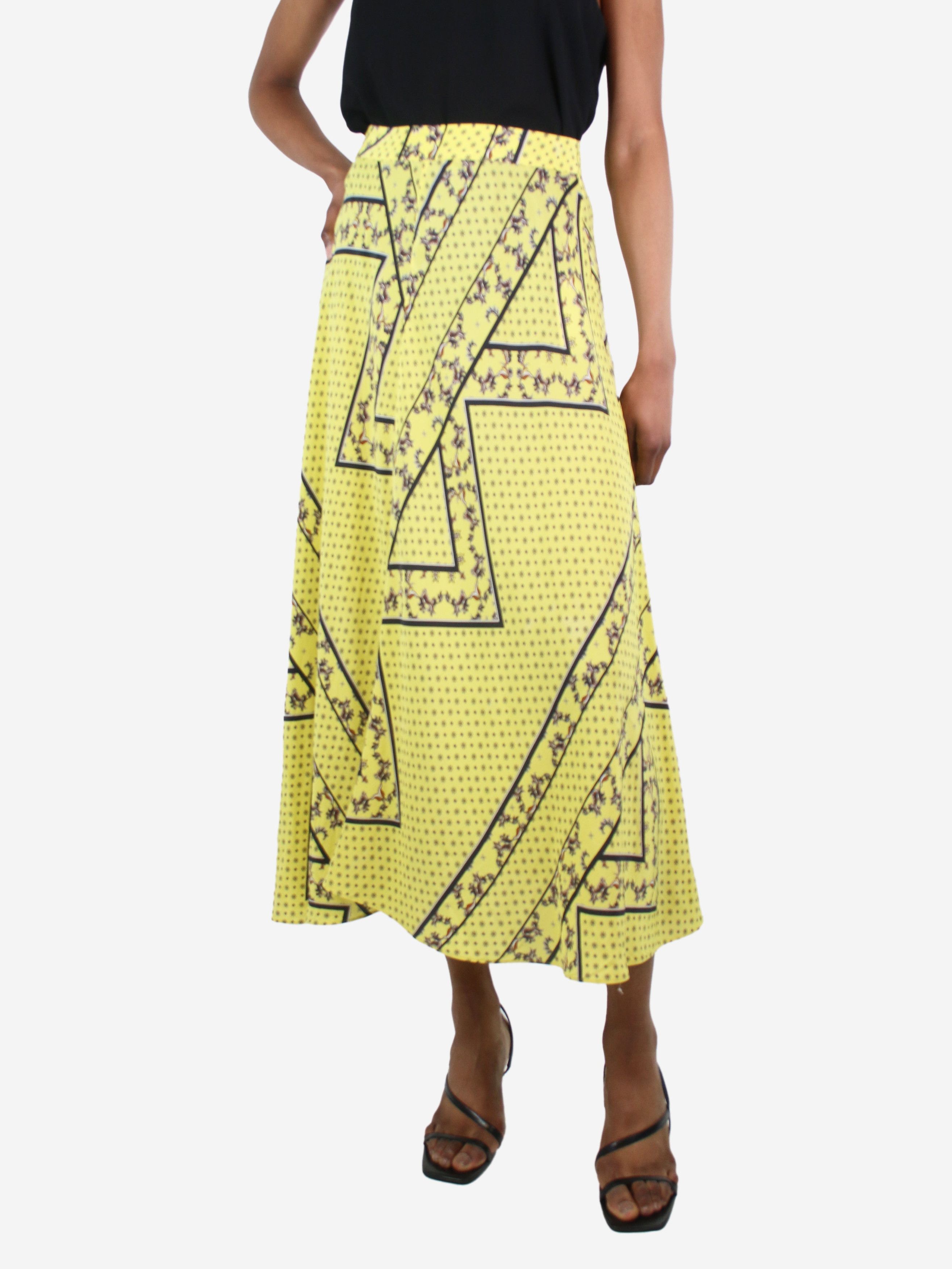 image of Ganni Yellow Patterned Silk Midi Skirt - Size Uk 6, Women's