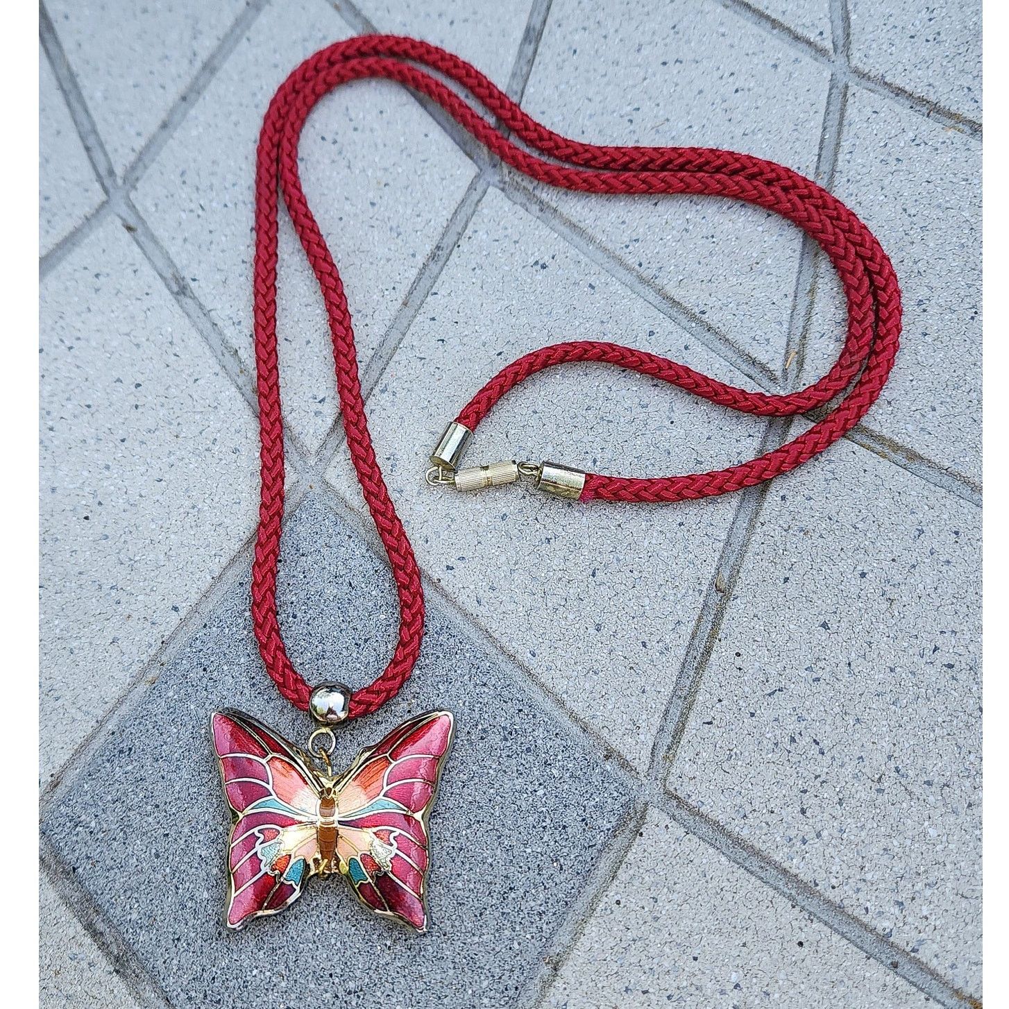 Vintage Vintage Premium Cloisonne Butterfly Pendant Rope Necklace Size ONE SIZE - 3 Thumbnail