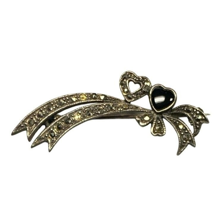 Other Vintage 925 Sterling Silver Brooch With Black Onyx Heart & M Size ONE SIZE - 1 Thumbnail