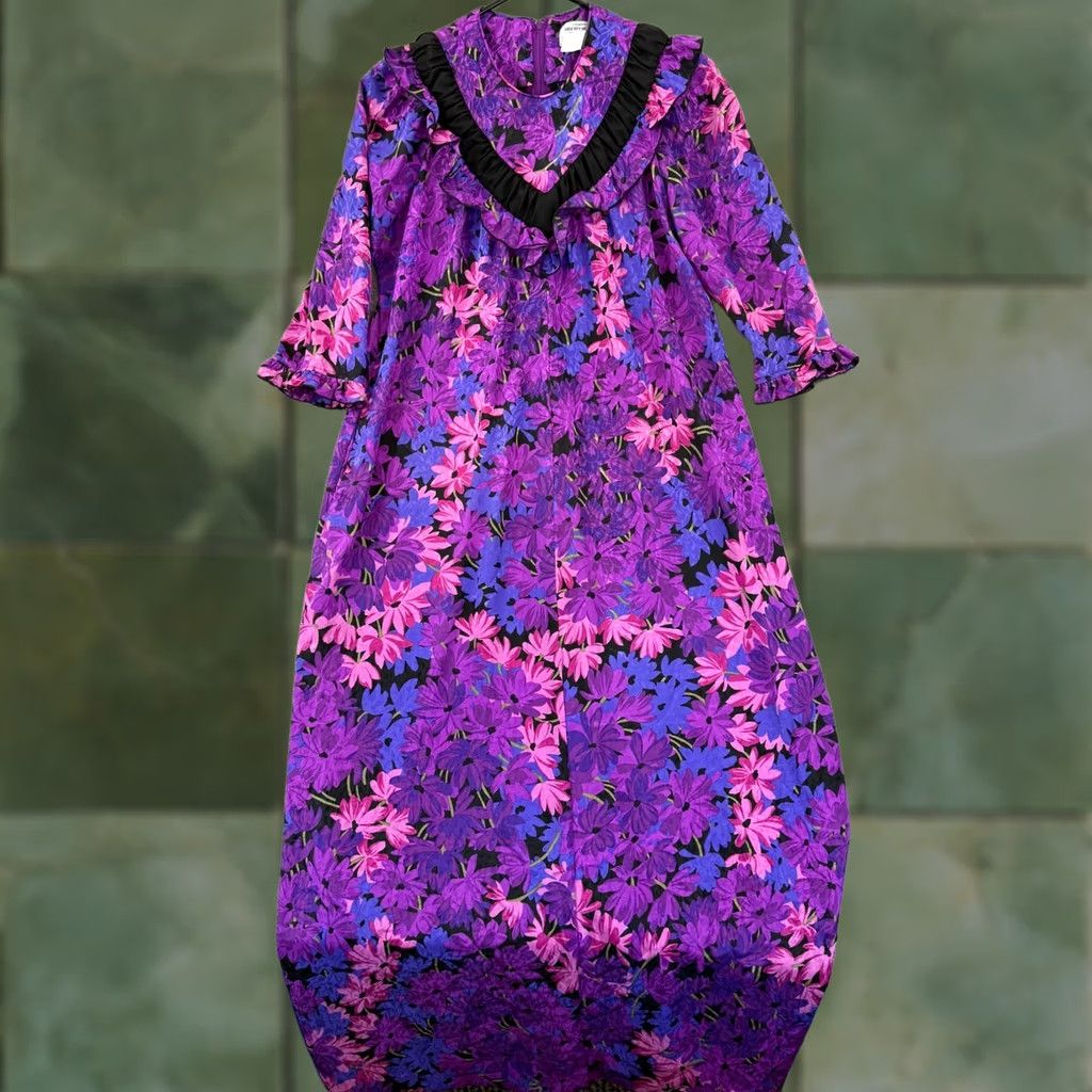 Vintage VINTAGE Liberty House Dress Womens 8 Maxi Purple Floral Ruffles Knit Cotton Polyester Puff Sleeve Zipper Short Review: 80s Flower Size M / US 6-8 / IT 42-44 - 1 Thumbnail