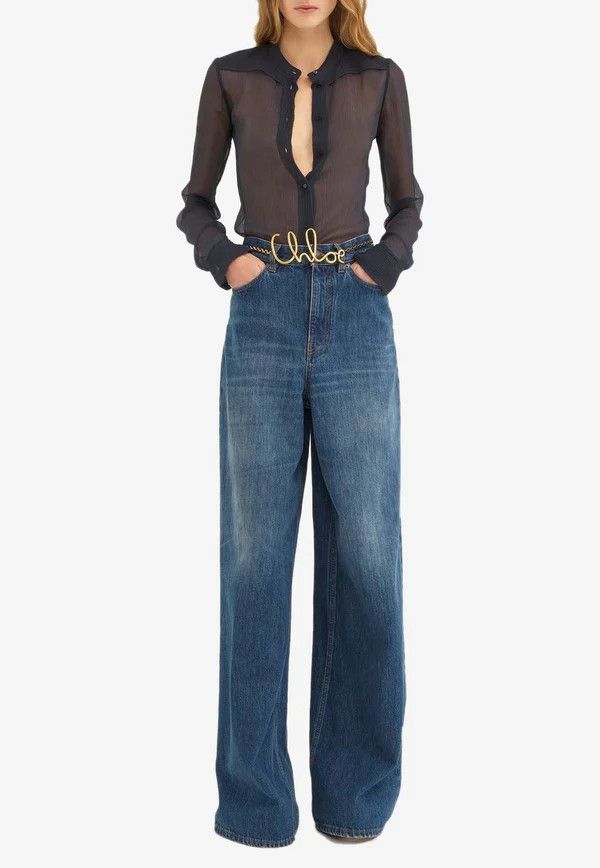 Chloe o1loc1c11025 Silk Slim-Fit Collarless Blouse in Navy Size L / US 10 / IT 46 - 3 Thumbnail