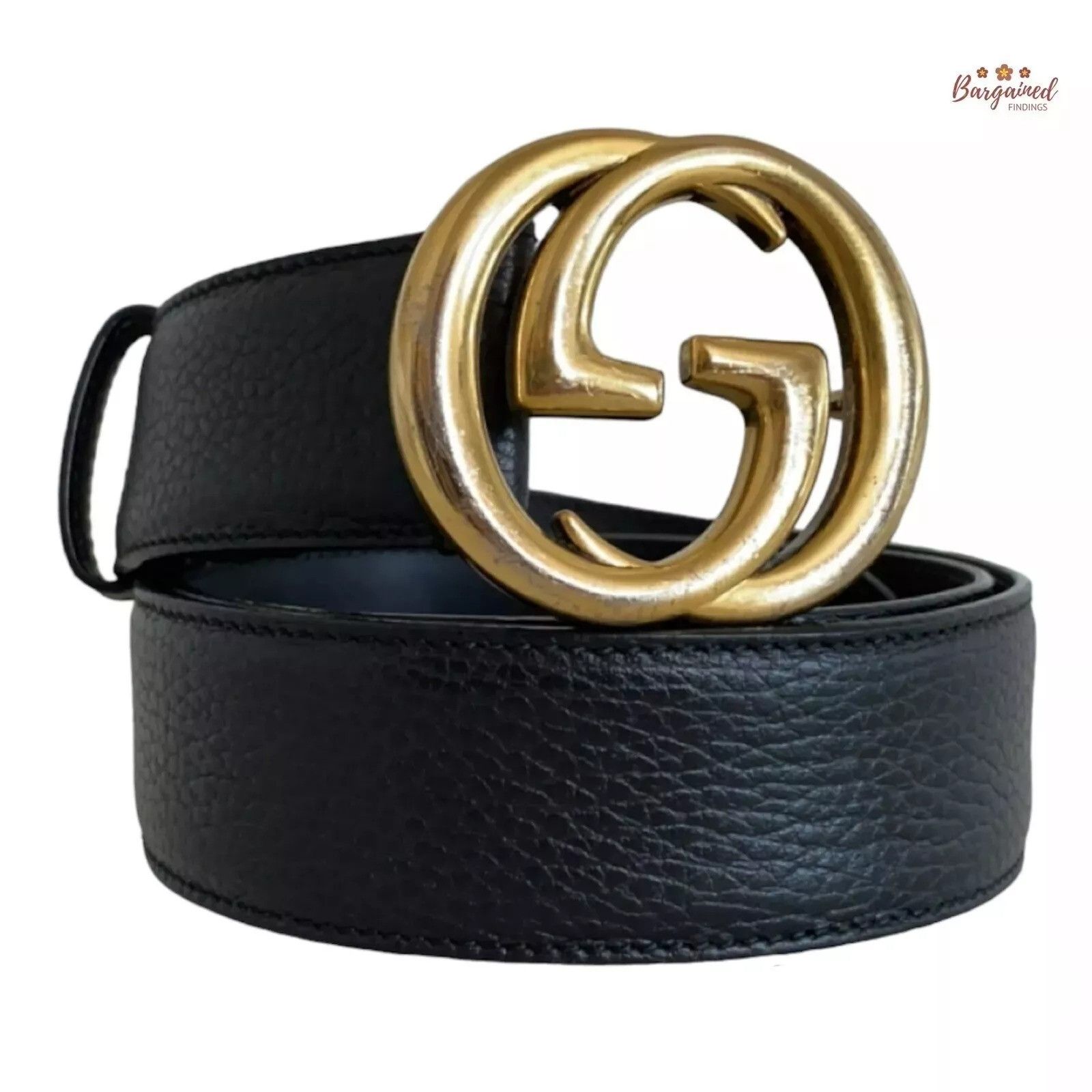 Gucci Gucci Black Pebbled Leather Gold Interlocking G Buckle Belt Size 34 - 1 Thumbnail