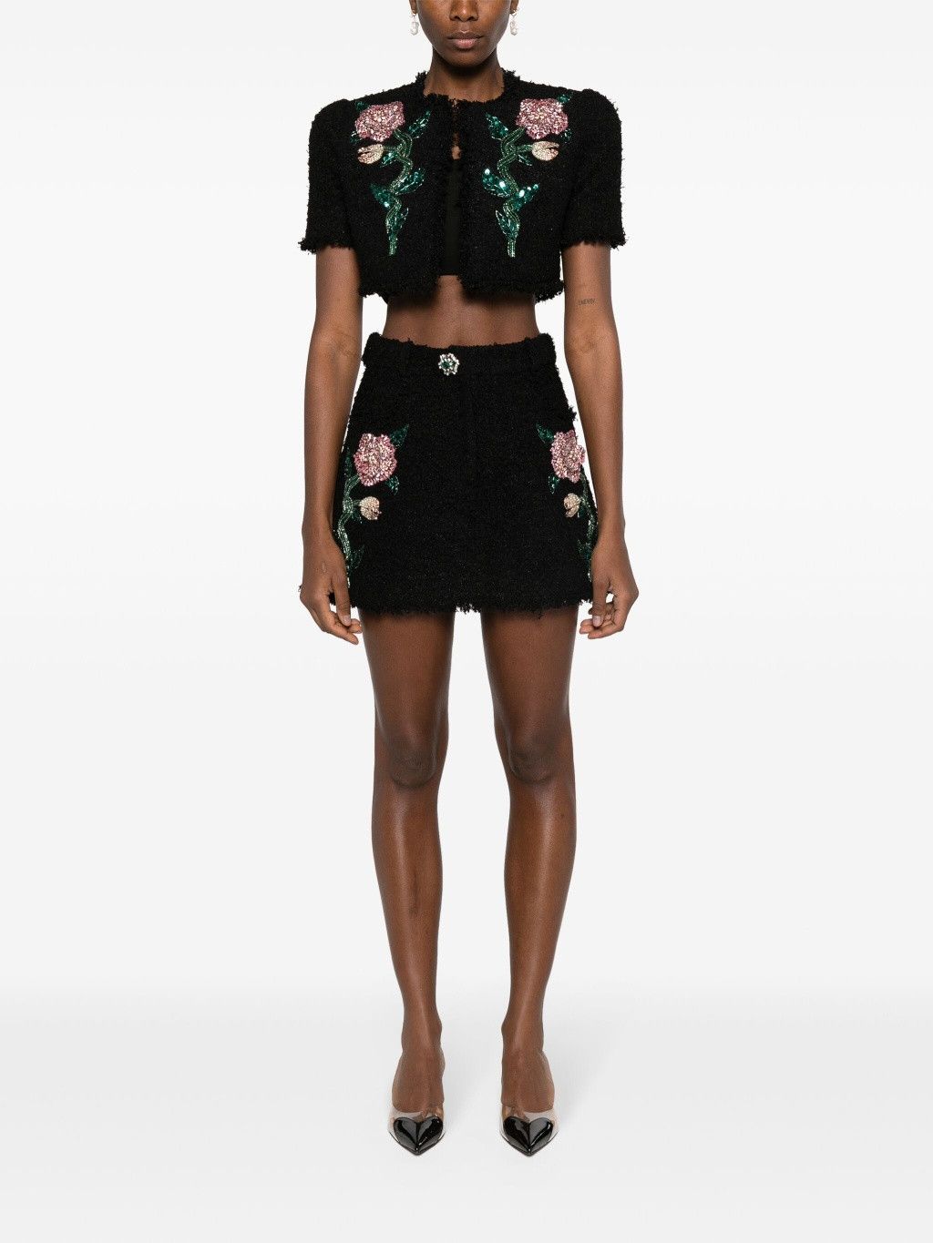 Balmain o1s1wg110825 Floral Embroidered Tweed Mini Skirt in Black Size 27" / US 4 / IT 40 - 2 Thumbnail
