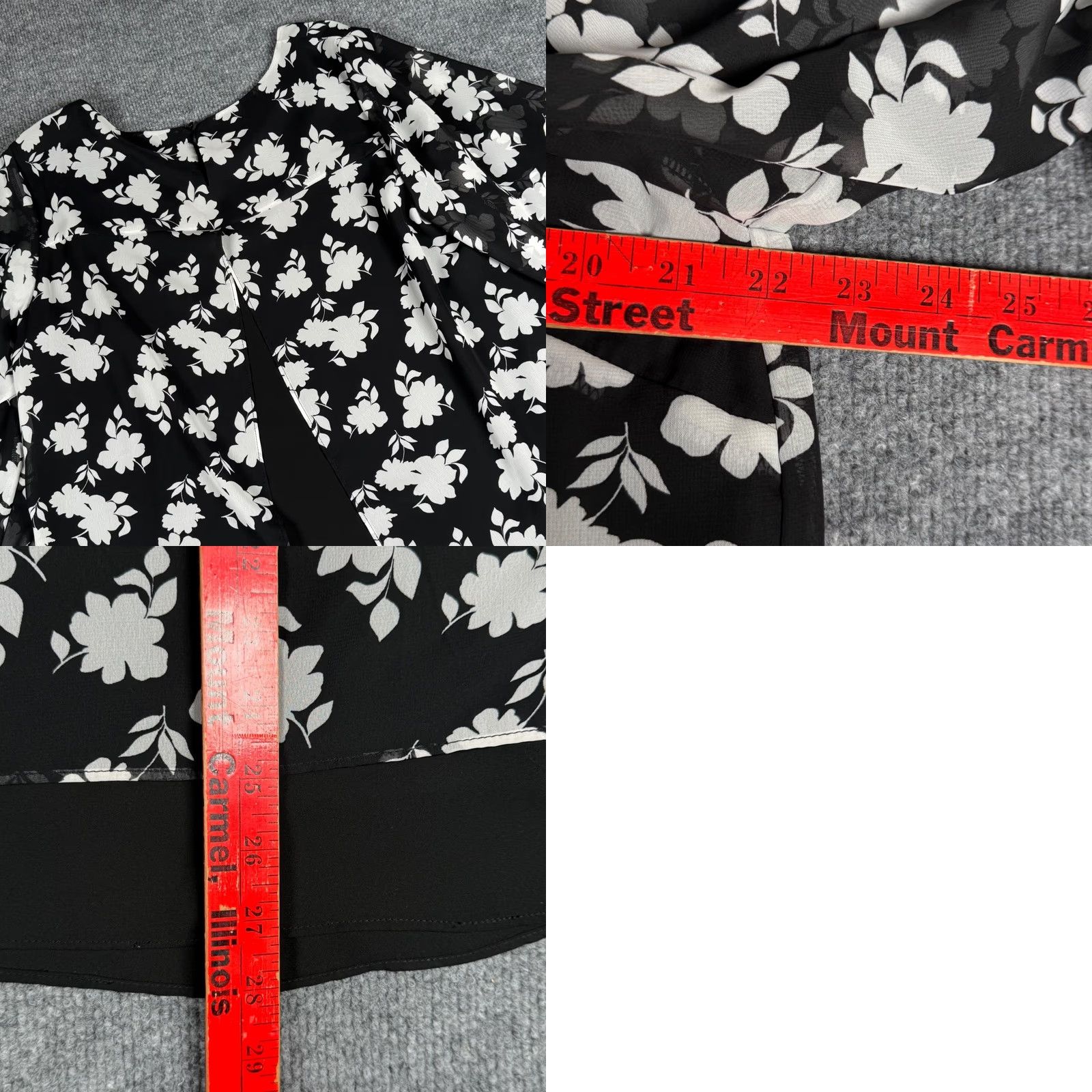 Vintage AB Studio Blouse Floral Sheer Sleeve Keyhole Round Neck 3/4 Bell Sleeve XL Womens Office Tunic Lightweight Pattern: Floral, Ruffle, Layered Hem, Black Size XL / US 12-14 / IT 48-50 - 8 Thumbnail