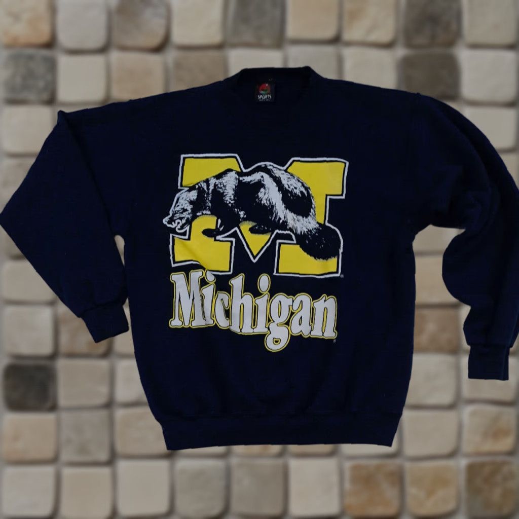 Vintage VINTAGE Michigan Wolverines Sweatshirt PM Sports Unisex Adults Crew Neck Long Sleeve Pullover Blue Cotton Canvas Logo Graphic Print Size LG/L Size US L / EU 52-54 / 3 - 1 Thumbnail