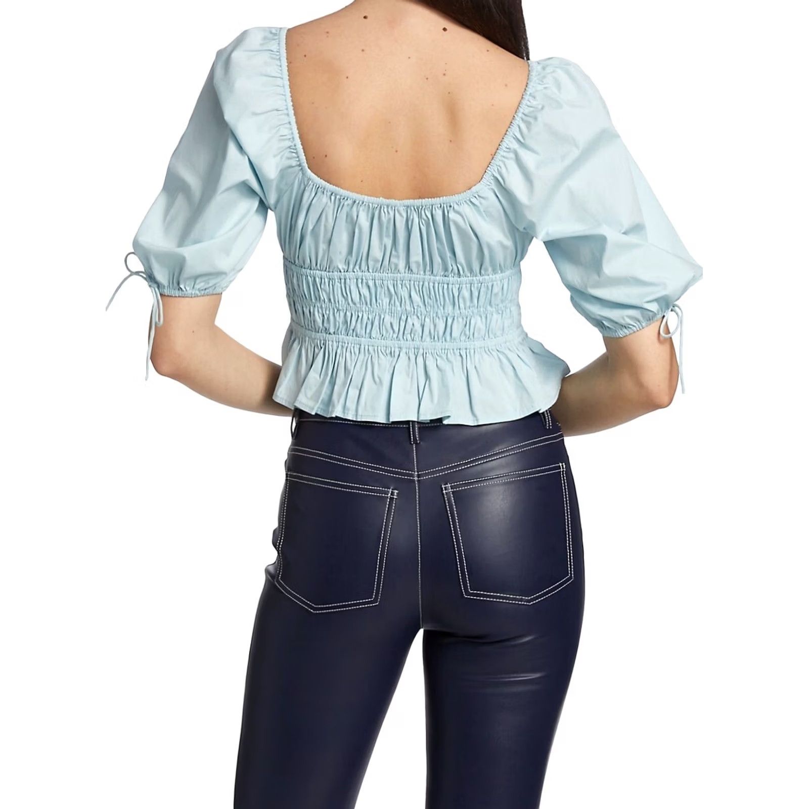 Staud STAUD Faye Smocked Ruffle Blouse Cotton Blend Winter Sky Blue Women's 10 (M) Regular Puff Sleeve Cropped Square Neck Blouse Size L / US 10 / IT 46 - 5 Thumbnail