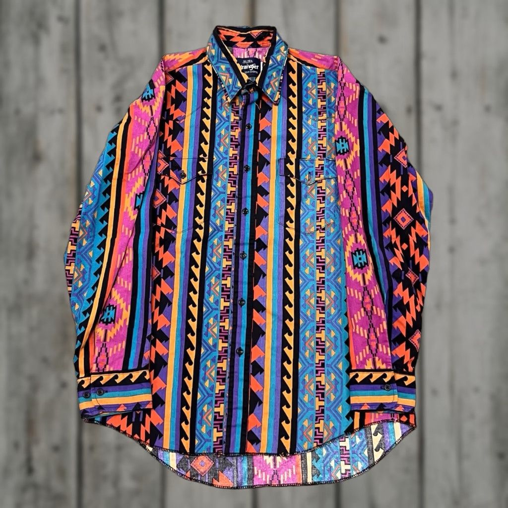 VINTAGE Wrangler Brushpopper Button-Up Shirt Mens Large Multicolor Western 80s 90s