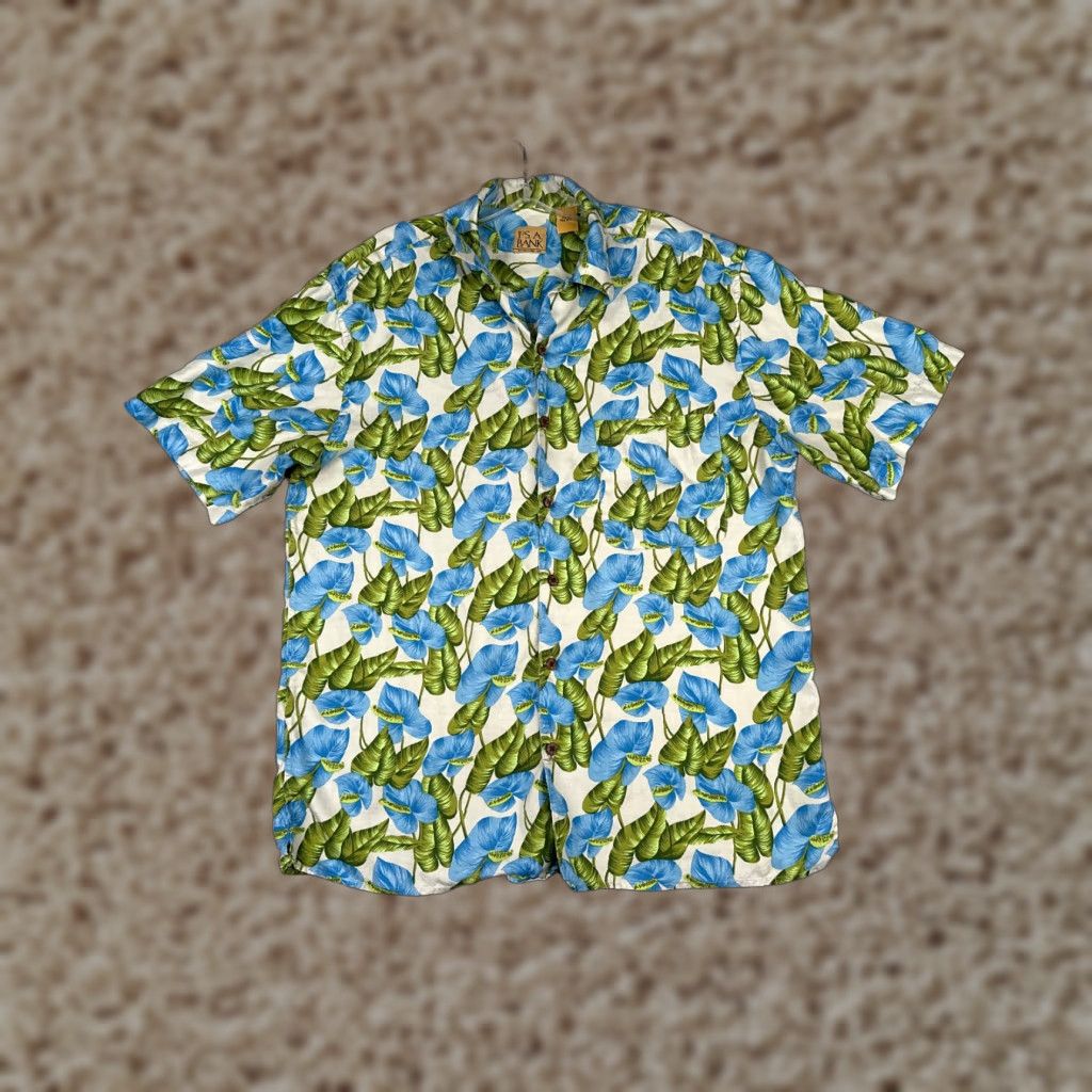 Tommy Bahama Jos A. Bank Shirt Men Medium Blue Green Leaf Floral 100% Silk Hawaiian Beach Size US M / EU 48-50 / 2 - 1 Thumbnail