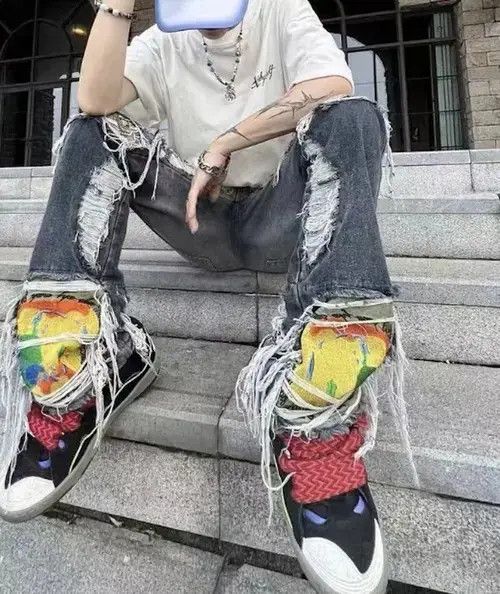 Jean Destruction Brushed Washed Loose Straight Leg Ripped Jeans Size US 29 - 5 Thumbnail