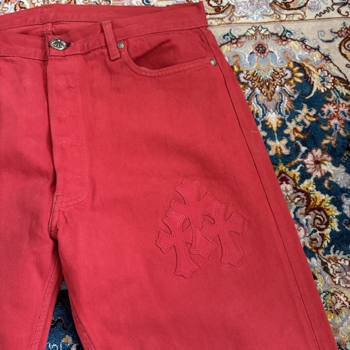 Chrome Hearts LEATHER CROSS SILVER DETAILED RED DYED VINTAGE LEVI ‘S JEANS Size US 34 / EU 50 - 4 Thumbnail