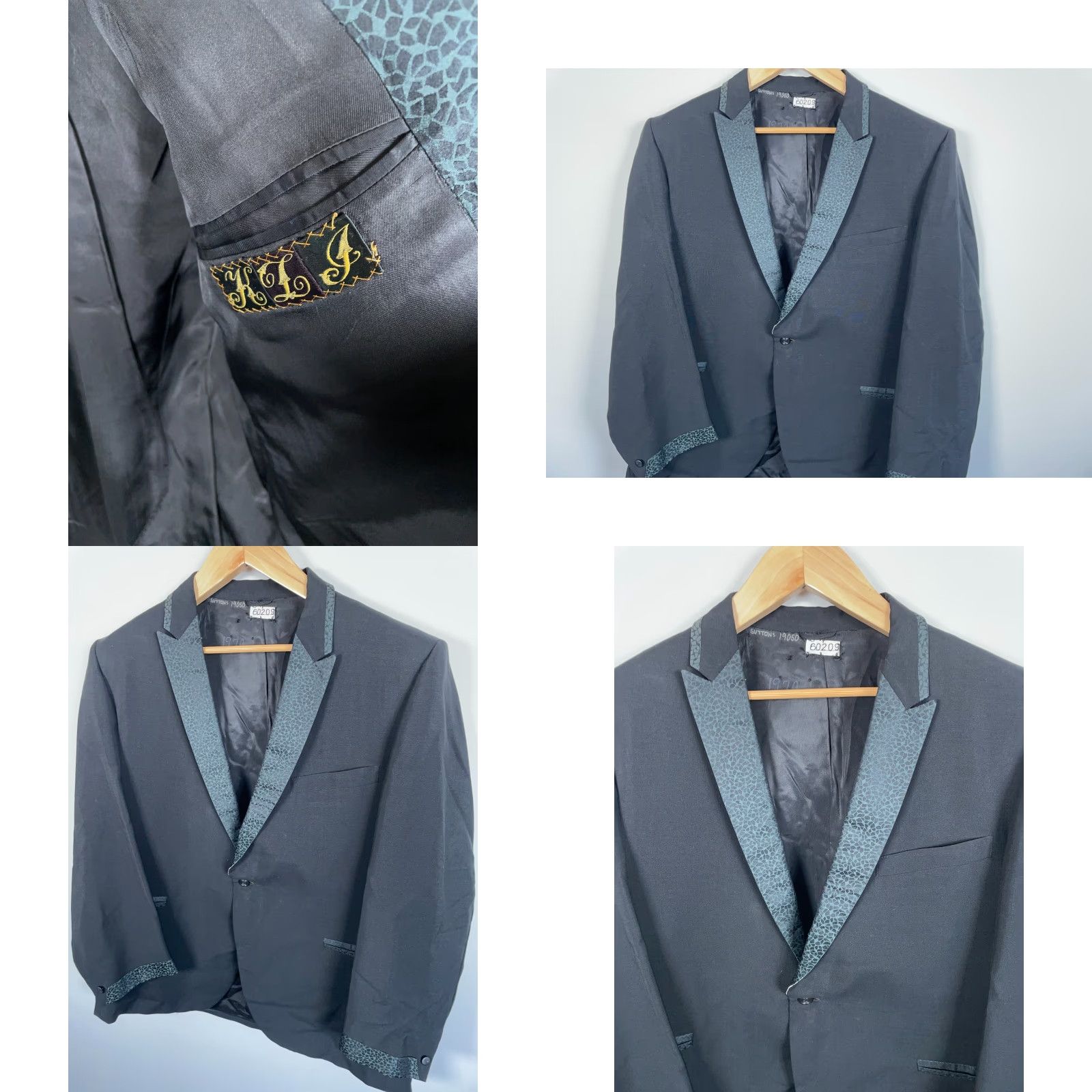 Vintage VINTAGE 70s Era Tuxedo Jacket Men’s 44 Regular Black Geometric Pattern Lapel USA Made After Six One Button Adults Mens Size 44R - 10 Thumbnail
