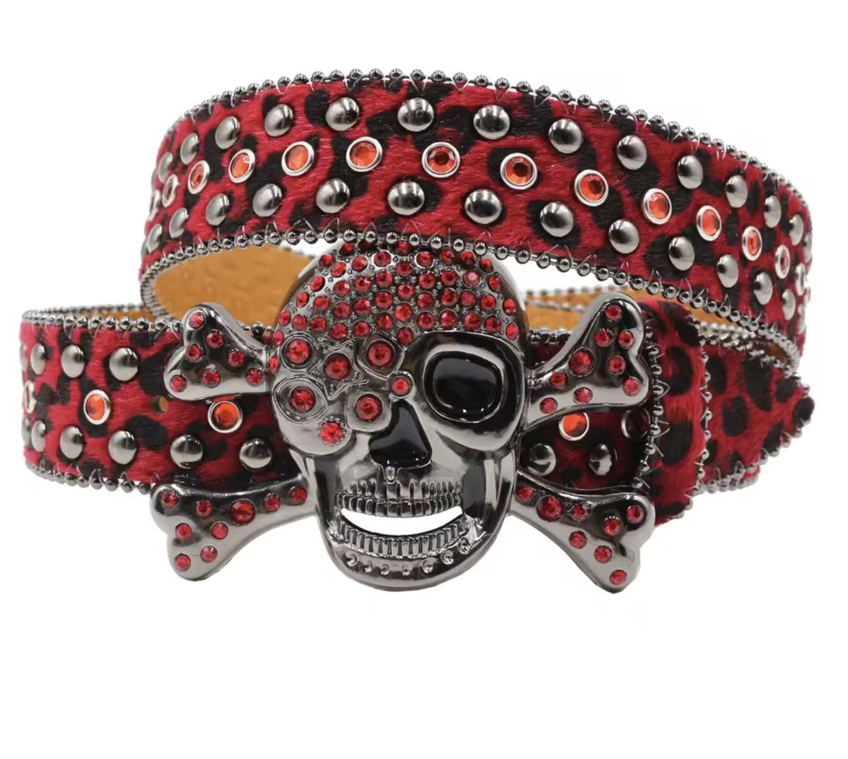 Japanese Brand Crystal Skull Crossbone Leopard PU Leather Belt 115 cm Size ONE SIZE - 2 Thumbnail