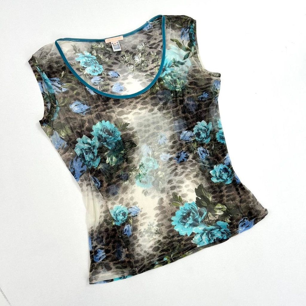 Roberto Cavalli Roberto Cavalli mesh top, blue floral brown leopard print Size XL / US 12-14 / IT 48-50 - 1 Thumbnail