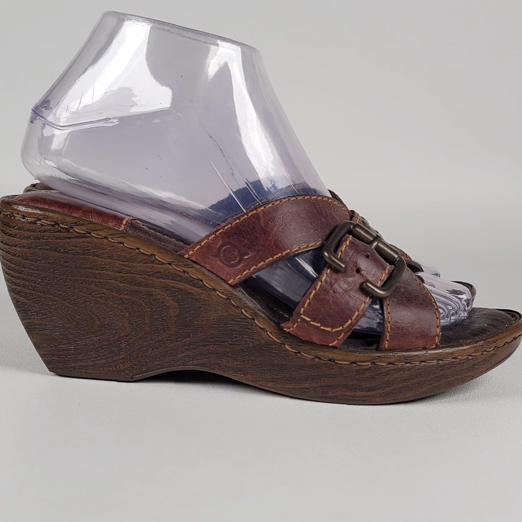 Born Born Brown Leather Criss Cross Studs Buckle Wedge Slide Sandals 38/ 7 US Size US 7 / IT 37 - 2 Thumbnail