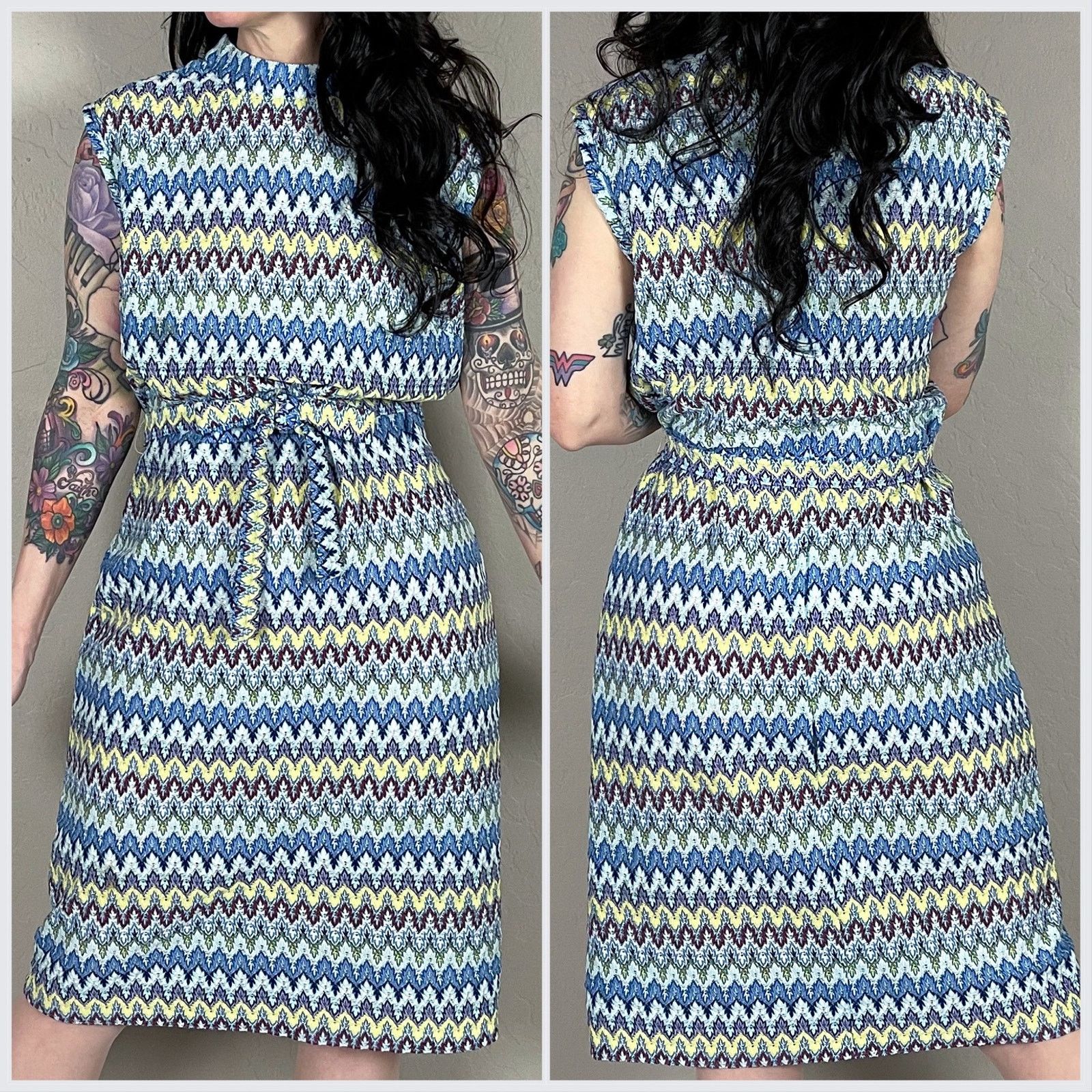 Vintage 1960s Blue and Green Zig Zag Knit Sleeveless Sheath Dress Size M / US 6-8 / IT 42-44 - 3 Thumbnail