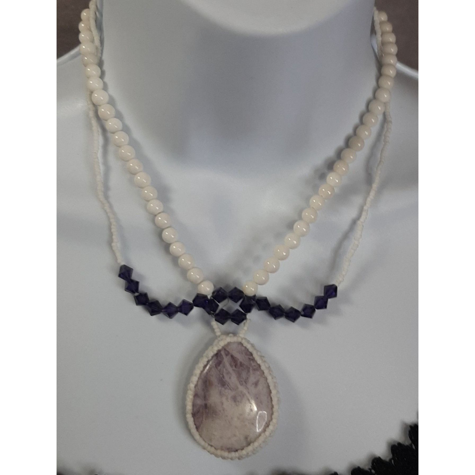 Handmade Handmade Beaded Necklace With Amethyst Pendant & White Beads Size ONE SIZE - 1 Thumbnail