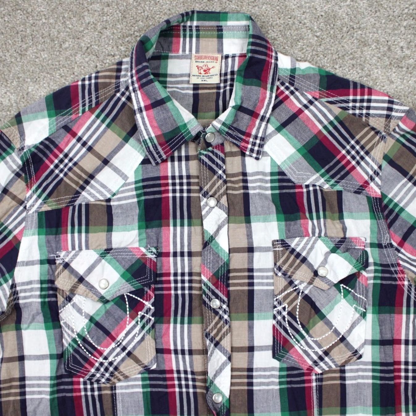 True Religion True Religion Shirt Mens 2XL Plaid Button-Up Snap Short Sleeve Red Green White Gray Cotton 100% Cotton Western Cowboy Vintage No Size US XXL / EU 58 / 5 - 5 Thumbnail