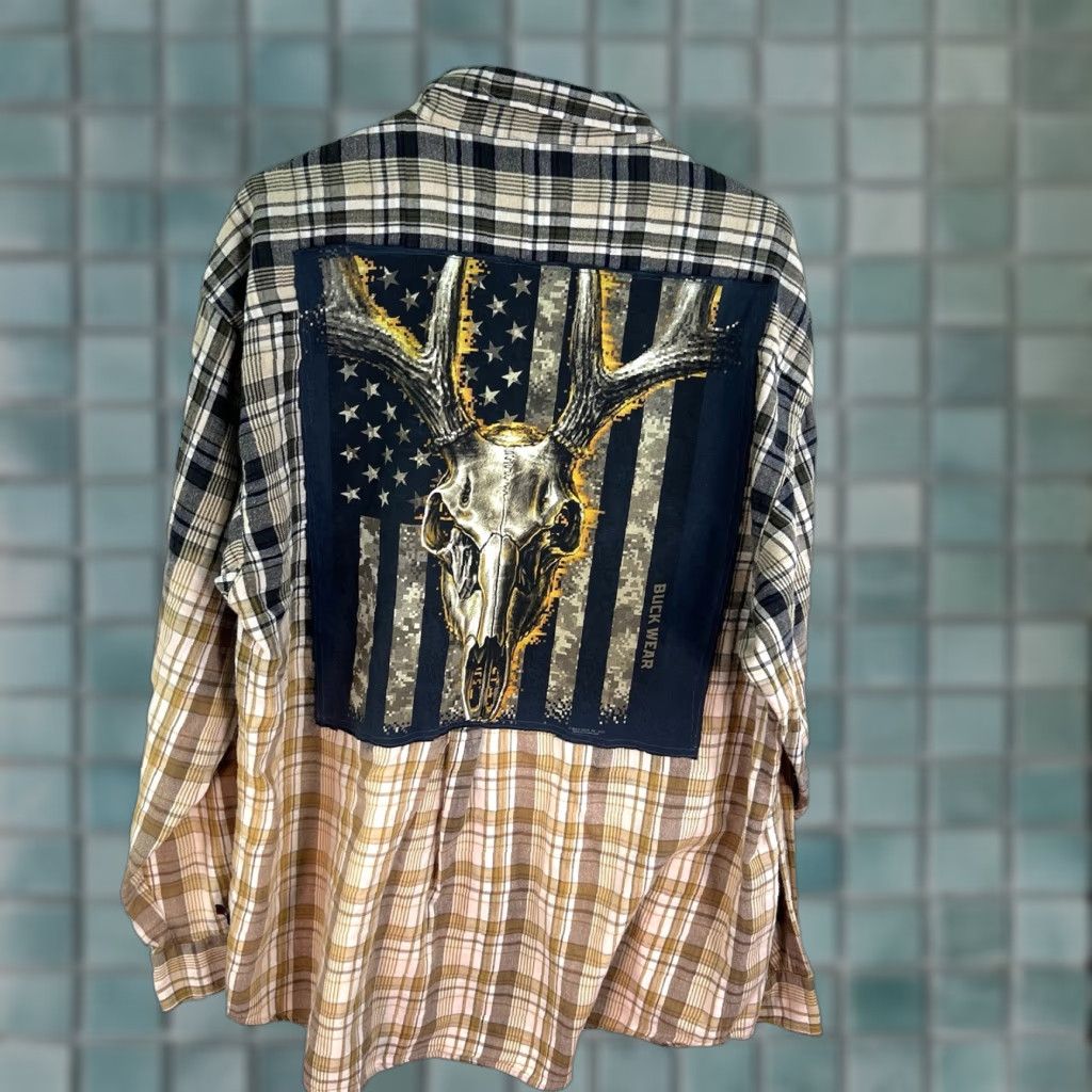 Bugle Boy Bugle Boy Multicolor Plaid Button-Up Shirt Adult XL Hand Bleached Flannel Deer Skull Flag Grunge Boho Casual Long Sleeve Mens Size XL / US 12-14 / IT 48-50 - 1 Thumbnail