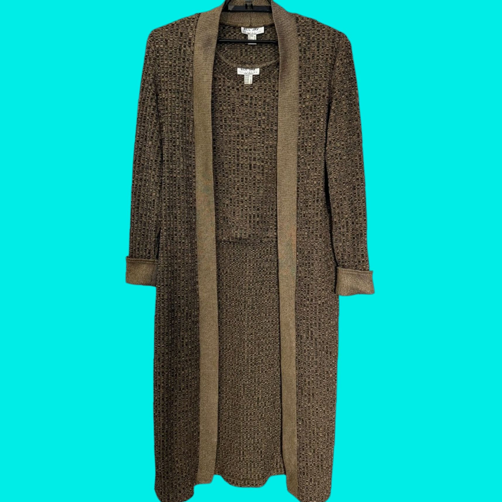 VINTAGE ELL JAY Cardigan Set – Open-Front Duster & Tank Top – Women's 10 – Brown Knit Knitwear Boho City Classic Preppy 2-Piece Set