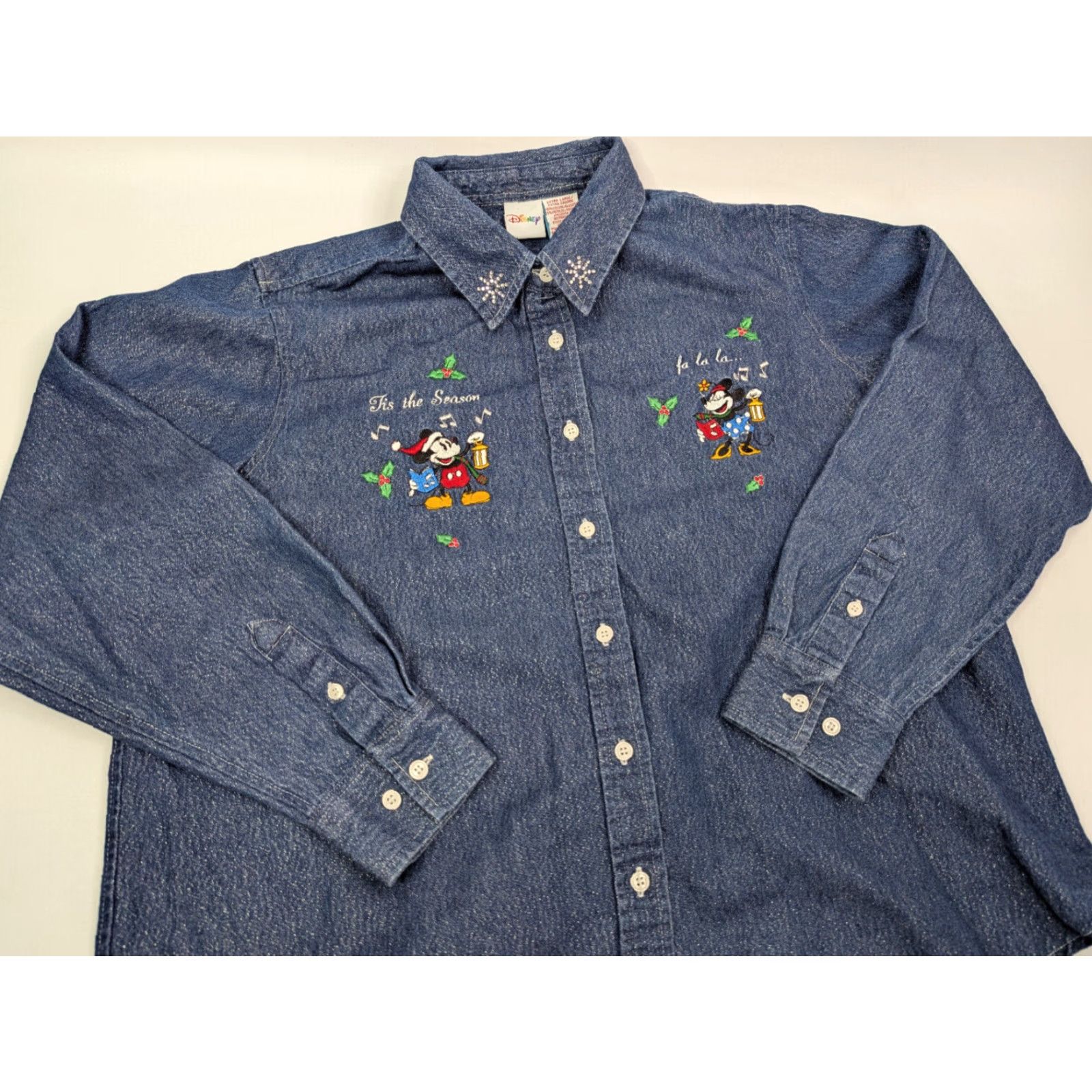 Disney Disney Mickey Mouse Button-Up Denim Shirt Womens XL Christmas Glitter Embroidered Blue Cotton Blend Button Closure Ladies Holiday Christmas Theme Size XL / US 12-14 / IT 48-50 - 2 Thumbnail