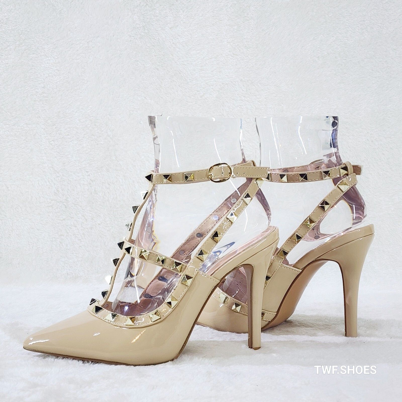 Other Caged Nude Cream Patent Studded Strappy Stiletto High Heel S Size US 6 / IT 36 - 1 Thumbnail