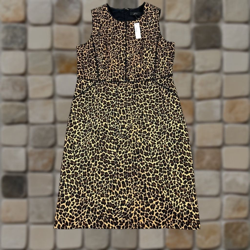 VINTAGE J.Crew Dress Womens 14 Knee Length Sleeveless Blouson Casual Black Animal Print