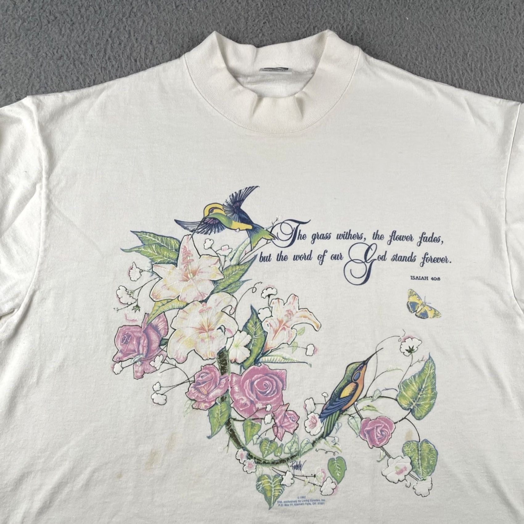 Anvil VINTAGE Anvil Shirt Long Sleeve XL White Floral Hummingbird 90s 80s Jesus Bible Isaiah 40:8 Mens Size US XL / EU 56 / 4 - 2 Thumbnail