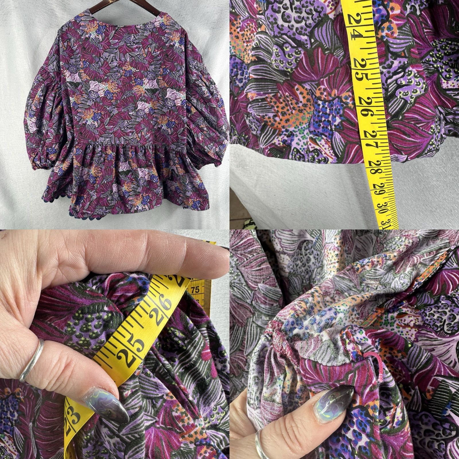 Vintage Kika Vargas Blouse Womens Plus 3X Purple Coral Reef Wrap Floral Puff Sleeve V-Neck Tie 3X Womens Blouse (Shirt) - Polo? Size XXL / US 16-18 / IT 52-54 - 8 Thumbnail
