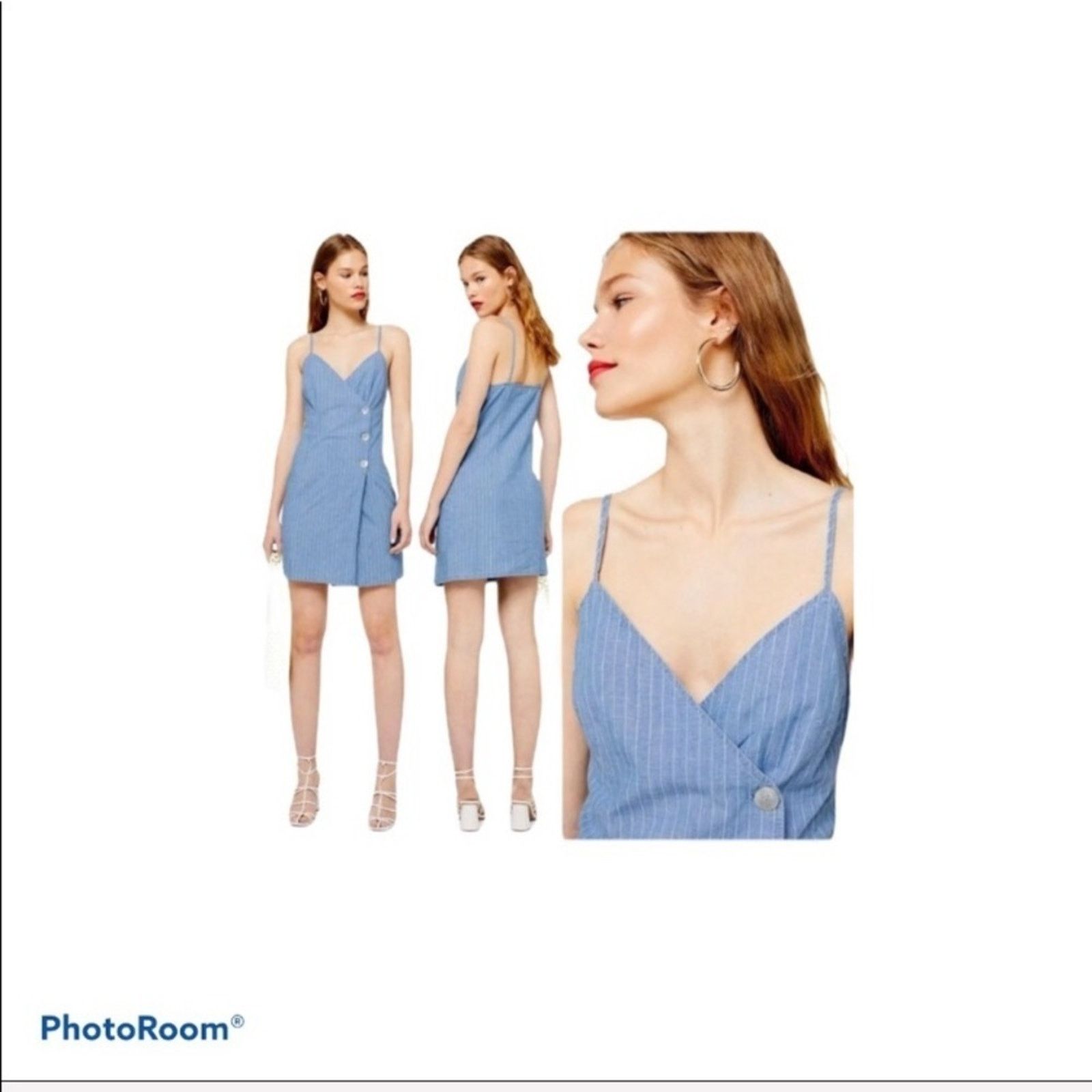 Topshop TOPSHOP Blue Striped High Low Wrap Dress 10 Size L / US 10 / IT 46 - 1 Thumbnail