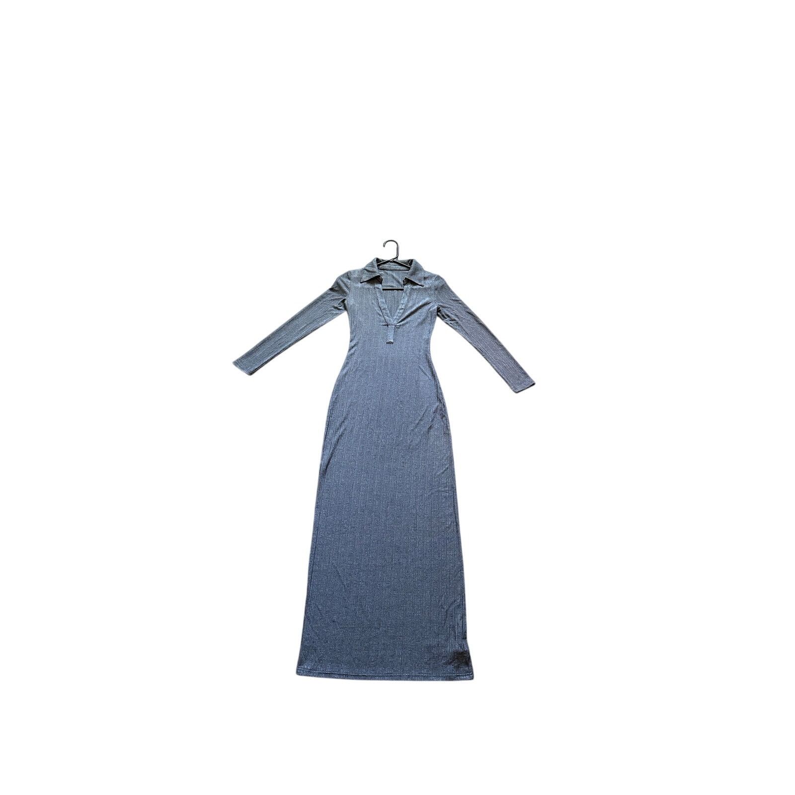 Other Micas Gray V-Neck Long Sleeve Collared Bodycon Long Dress Size S / US 4 / IT 40 - 3 Thumbnail