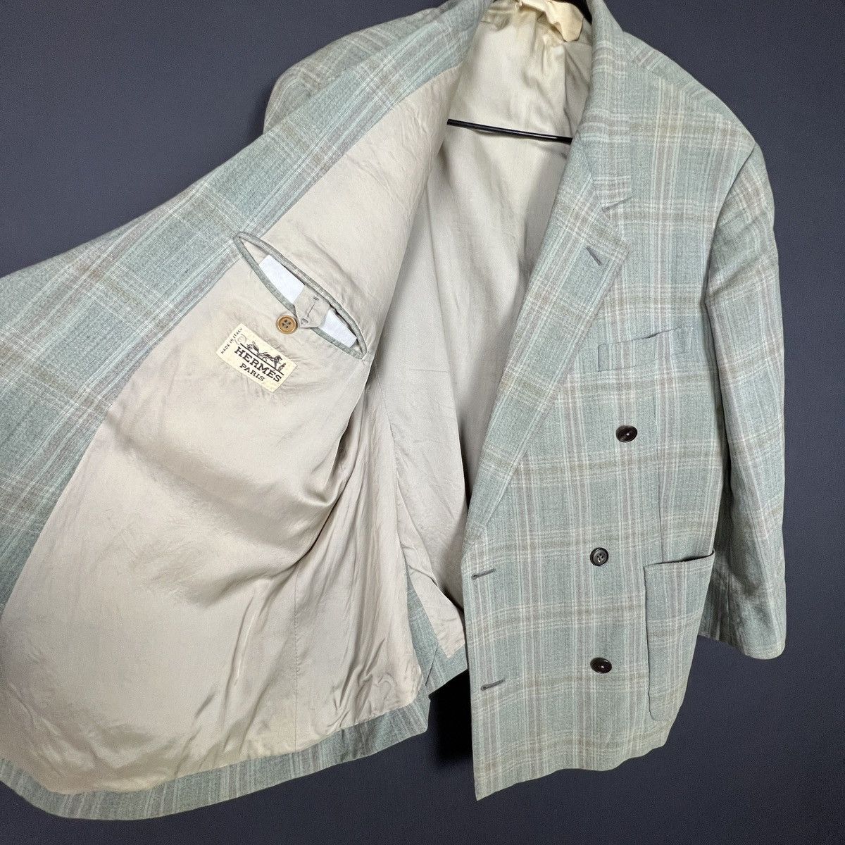 Hermes Vintage Hermès Paris Plaid Double Breasted Laine Blazer M L Size 50S - 1 Thumbnail
