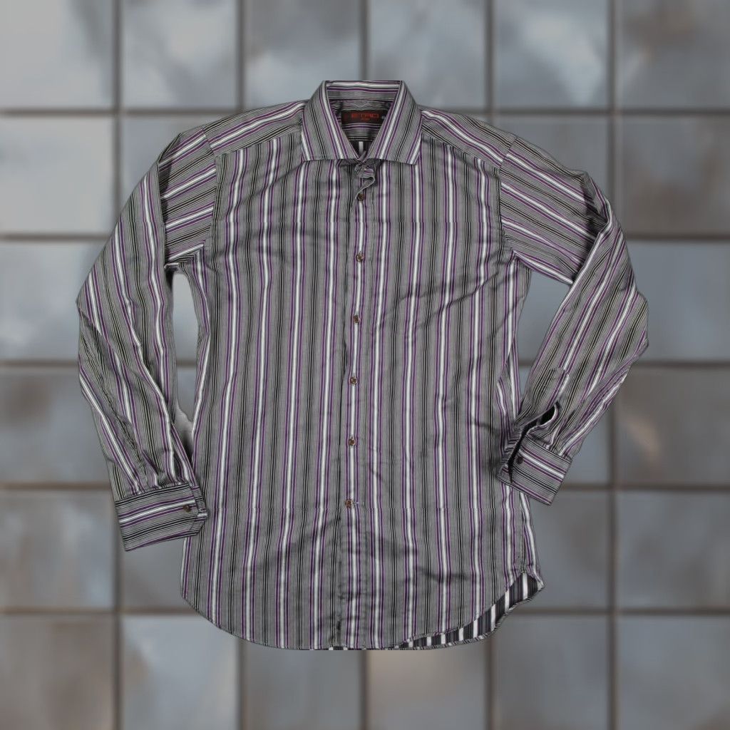 Etro ETRO Milano Dress Shirt Mens M Gray Purple Striped Long Sleeve Spread Collar Made in Italy Size US M / EU 48-50 / 2 - 1 Thumbnail