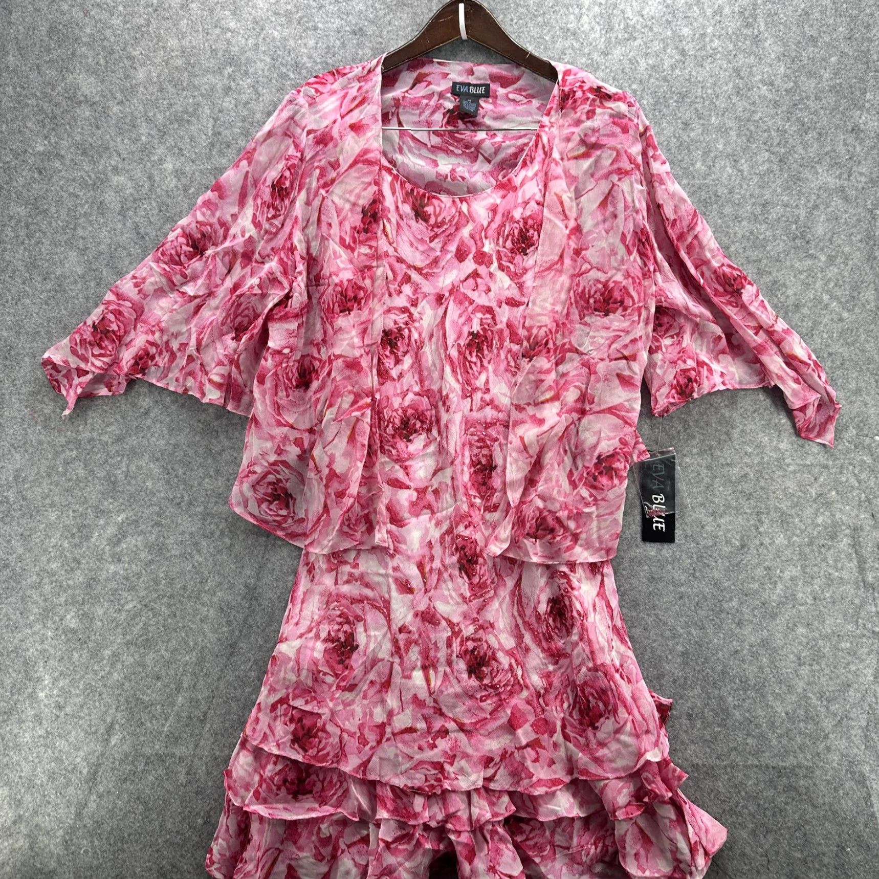 Vintage VINTAGE y2k Eva Blue Dress Jacket Set Womens 14 Pink Floral Ruffle Tiered Beaded Size XL / US 12-14 / IT 48-50 - 2 Thumbnail