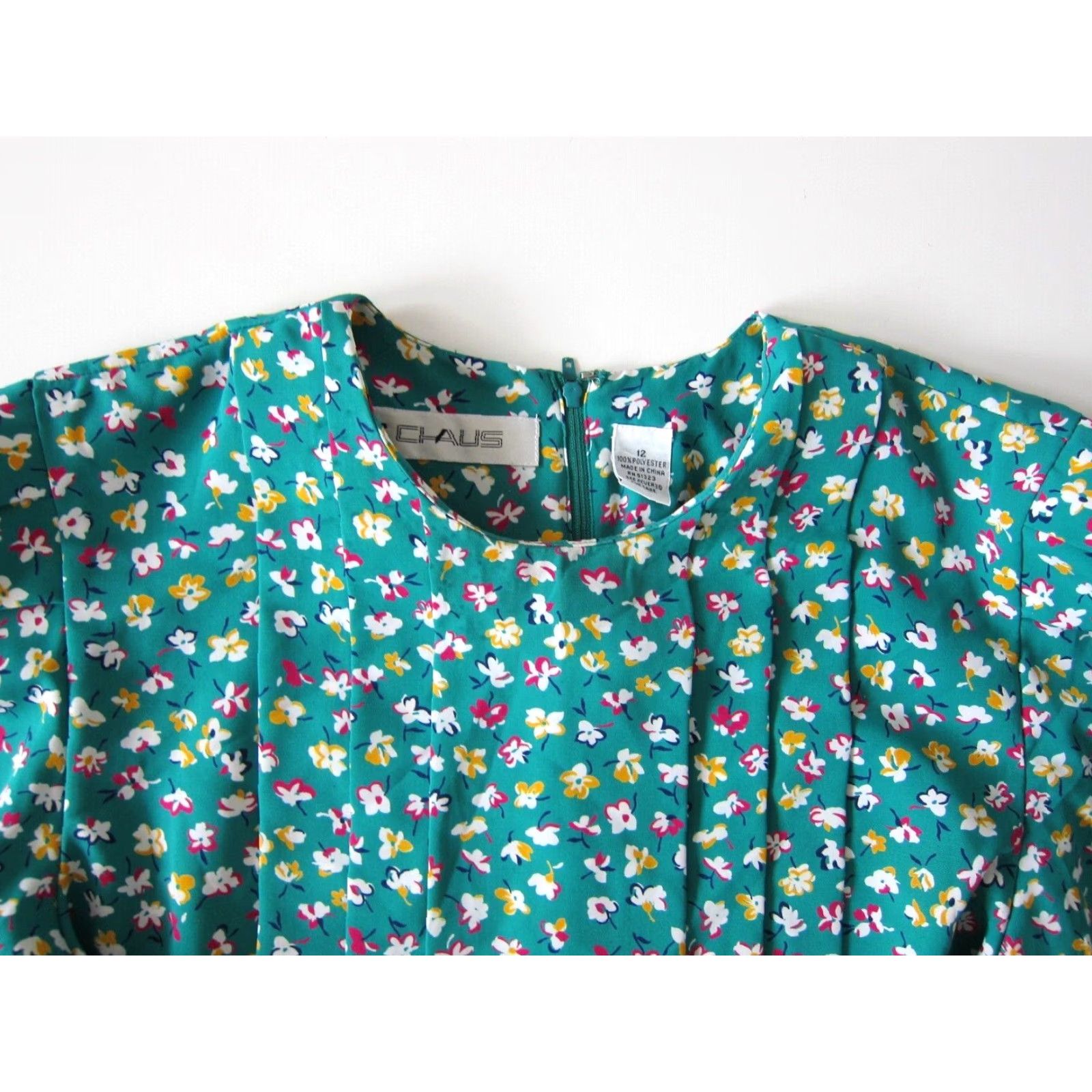 Vintage VINTAGE MS Chaus Dress Green Pink Floral Pocket Empire Waist Long Sleeve 12 Size XL / US 12-14 / IT 48-50 - 3 Thumbnail