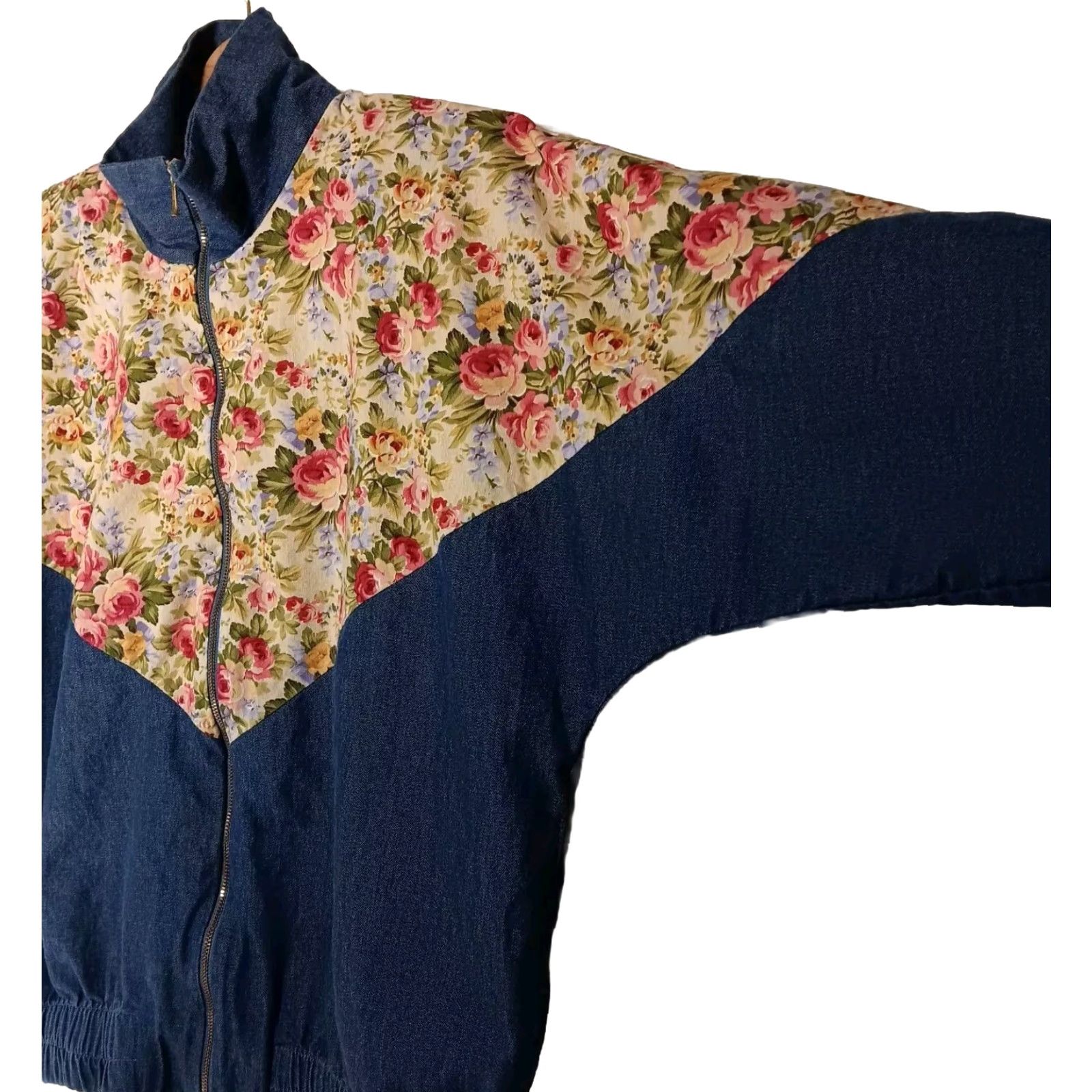 Vintage VINTAGE Alice Martin Jacket Women M Bomber Jacket Chambray Floral Peony Flowers Lightweight Blue Long Sleeve Zip Casual Women's M Size 32" / US 10 / IT 46 - 4 Thumbnail