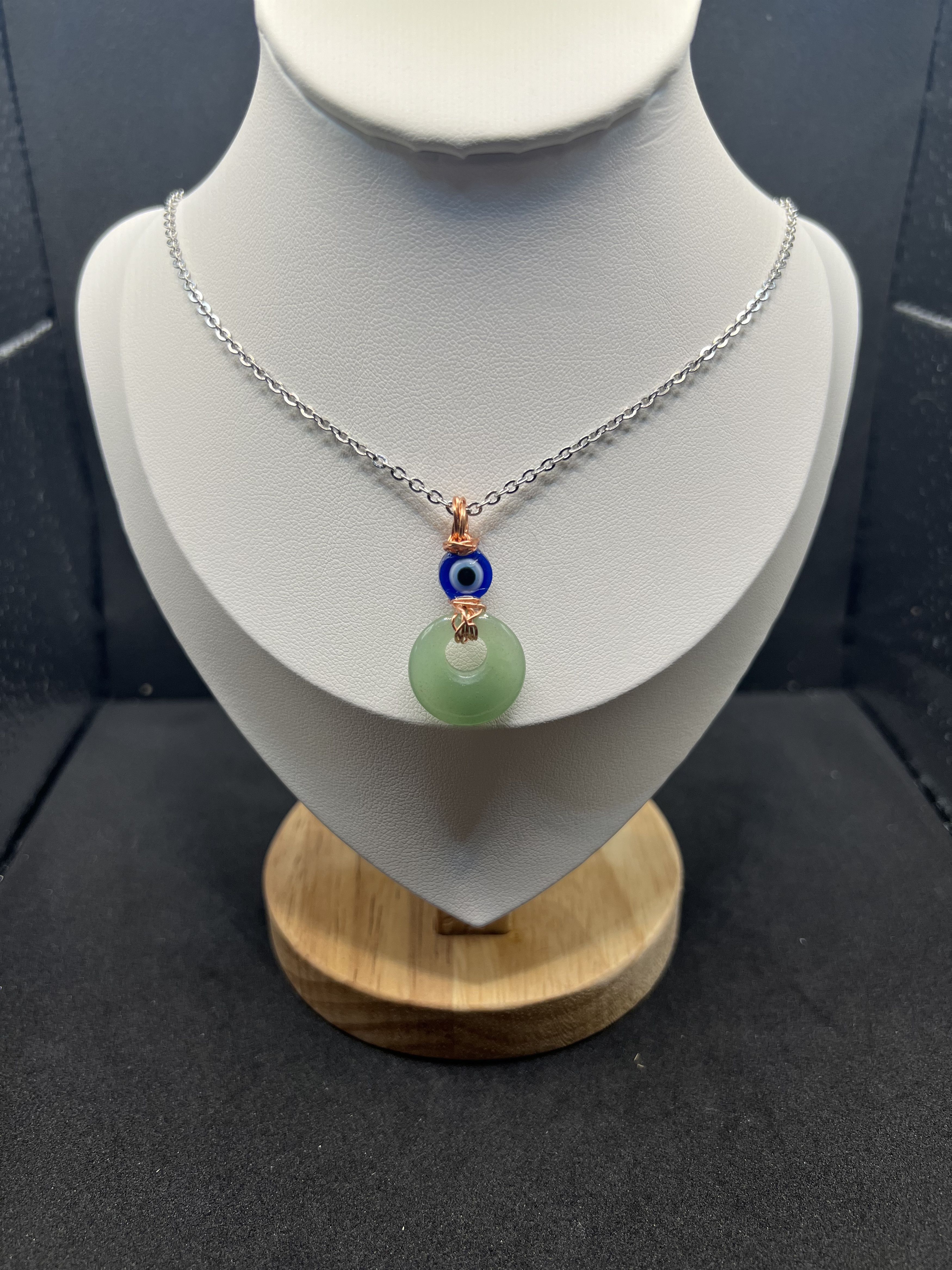 Handmade Green Jade chain necklace with evil eye bead Size ONE SIZE - 1 Thumbnail