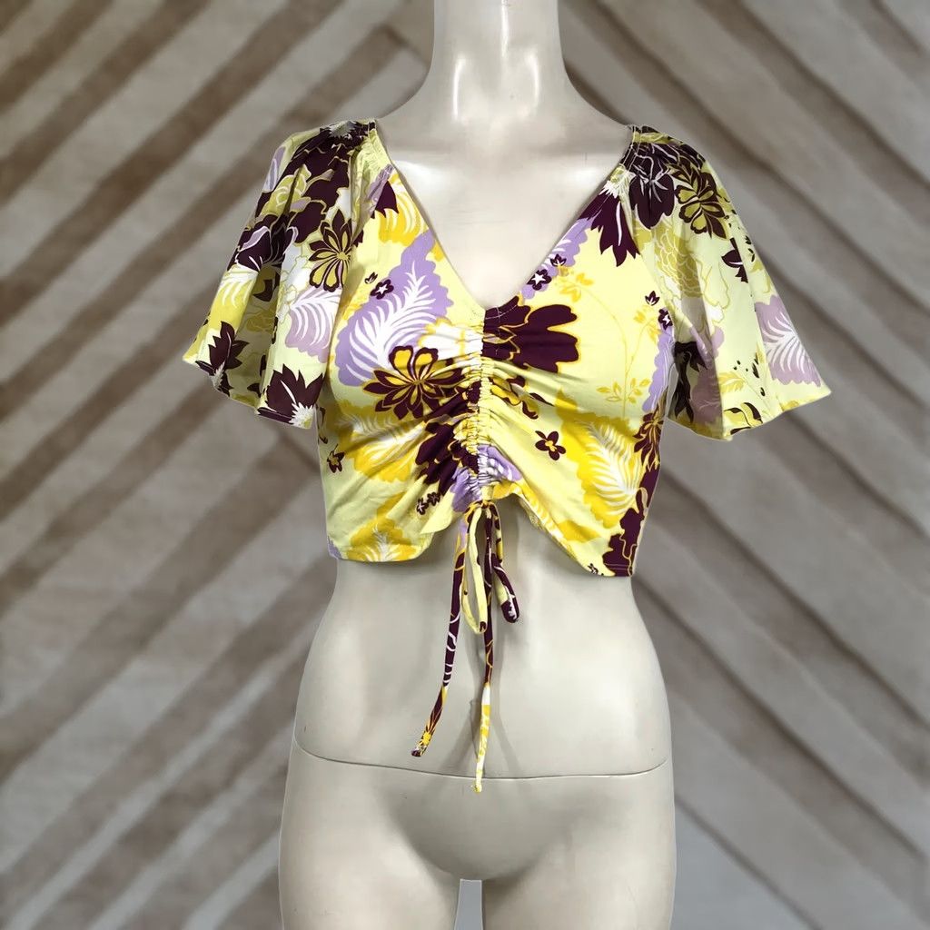 Anthropologie Maeve Anthropologie Yellow Floral Ruched Drawstring Crop Top PXS Adult Womens Size XS / US 0-2 / IT 36-38 - 1 Thumbnail