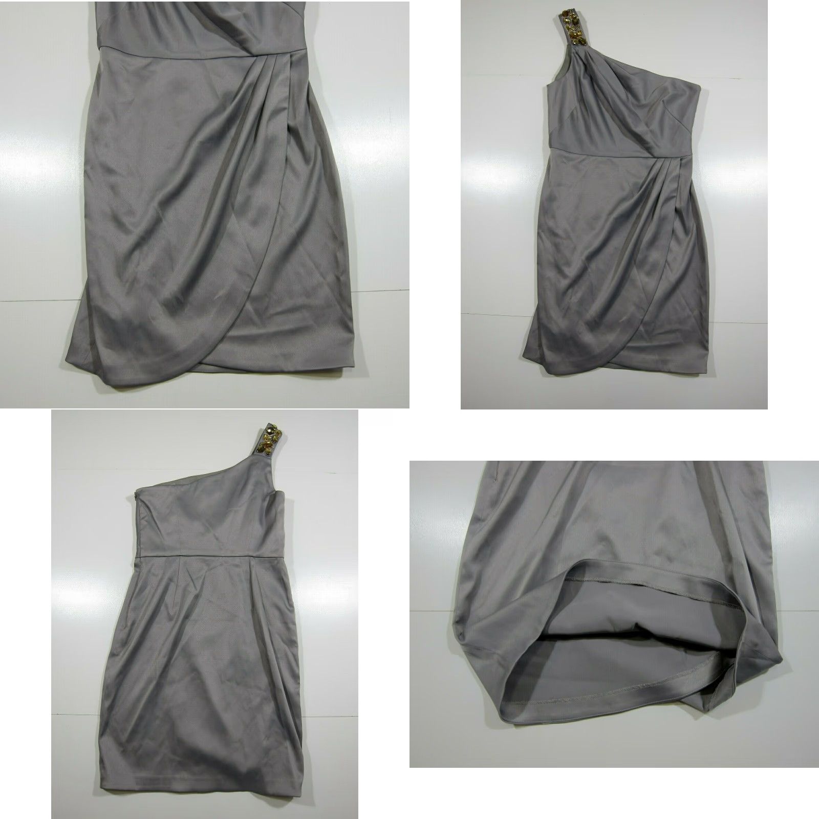 Vintage NWT Jones Wear Grey Satin Gold Jewel Beaded One Shoulder Cocktail Dress Size 6 Size M / US 6-8 / IT 42-44 - 8 Thumbnail