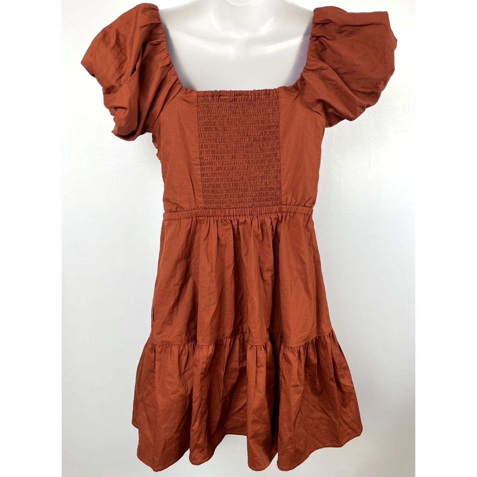 Gap GAP Womens XS Puff Sleeve Tiered Mini Dress Rust Brown Smocked Bodice Cotton NWT Size XS / US 0-2 / IT 36-38 - 5 Thumbnail