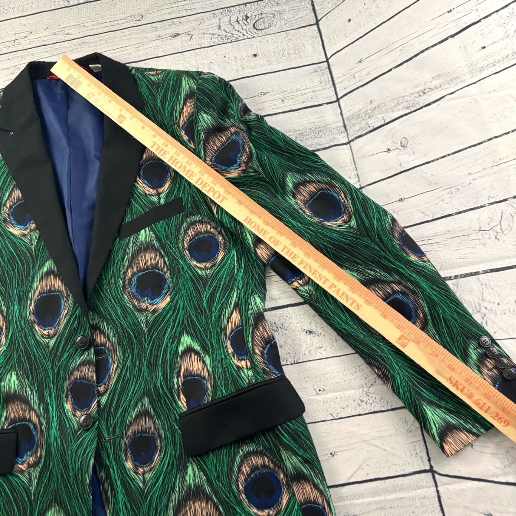 Vintage Shinesty Blazer Men's 42 Green Peacock Print St. Patrick's Day Two-Button Size 42R - 5 Thumbnail