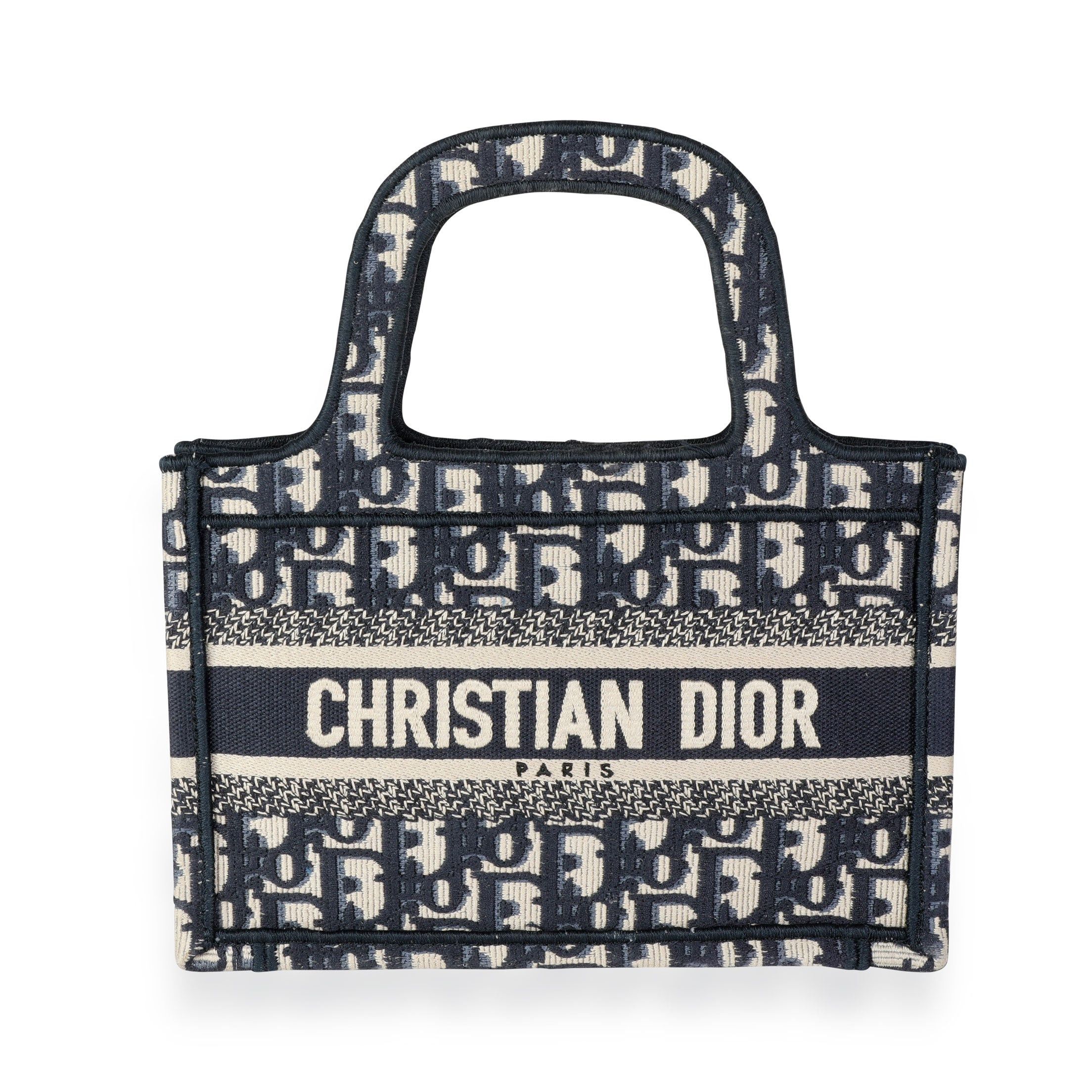 image of Dior Blue Oblique Embroidered Mini Book Tote in Black, Women's
