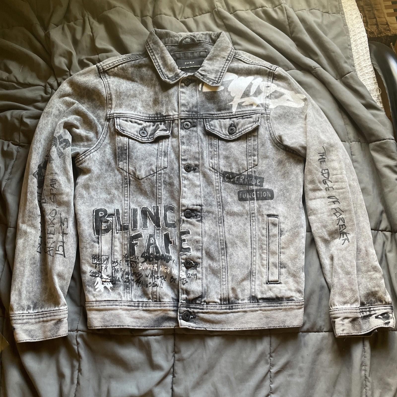Zara Zara Grey Graffiti Denim Jacket Large Light Wash Splatter Size US L / EU 52-54 / 3 - 1 Thumbnail
